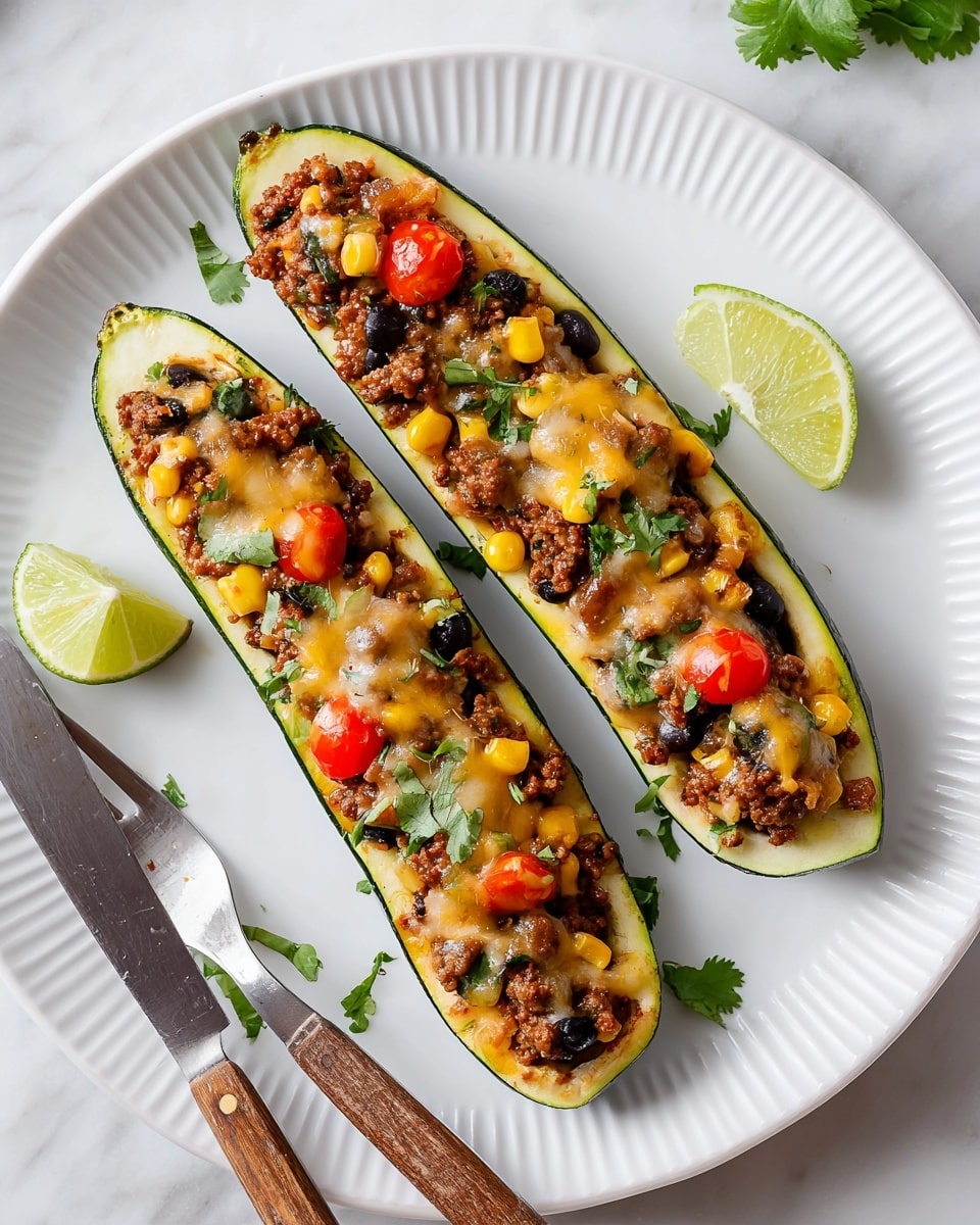 Two zucchini boats sit side by side on a white plate with ridged edges, resting on a white marbled surface. Each zucchini boat is cut lengthwise and hollowed out, filled with a colorful mix of ground meat, yellow corn, black beans, and halved cherry tomatoes, topped with melted cheese that is slightly browned in spots. Small green cilantro leaves are scattered over the filling and around the plate for garnish. A lime wedge is placed on the bottom left of the plate, and to the right, a fork and a knife with wooden handles lie crossed. The image is bright and clear, showing the fresh, vibrant colors of the ingredients. photo taken with an iphone --ar 4:5 --v 7
