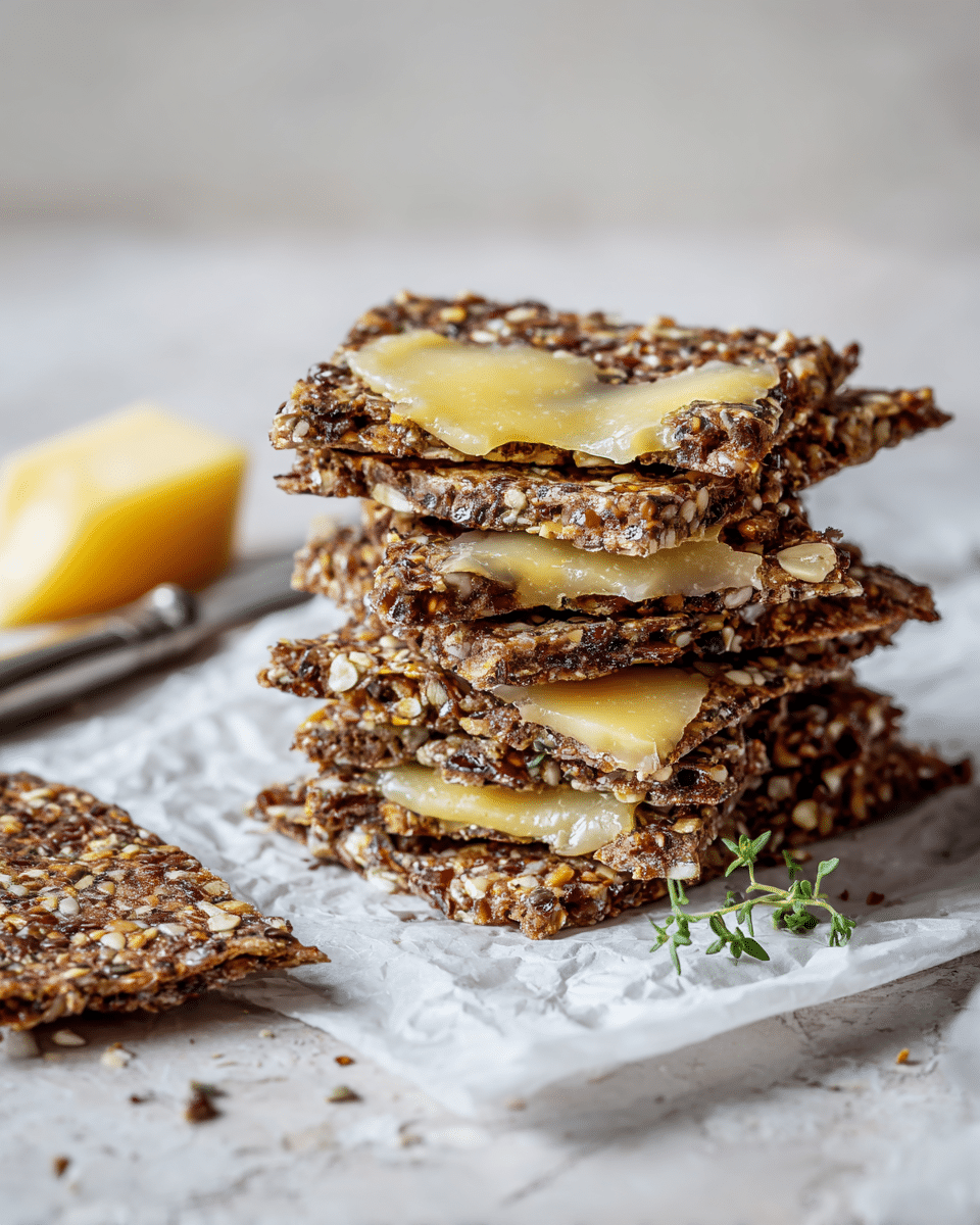 A stack of five thin, dark brown fruit and nut crispbread slices with visible seeds and dried fruit sits on white parchment paper over a white marbled texture. The top slice has a soft, glossy, pale yellow melted cheese spread over it, showing smooth texture with some darker mold spots peeking through. To the left, a broken crispbread piece lies flat nearby, and in the background, a silver knife with a small chunk of the same yellow cheese rests slightly out of focus. A small green herb sprig is placed near the front bottom right corner. photo taken with an iphone --ar 4:5 --v 7