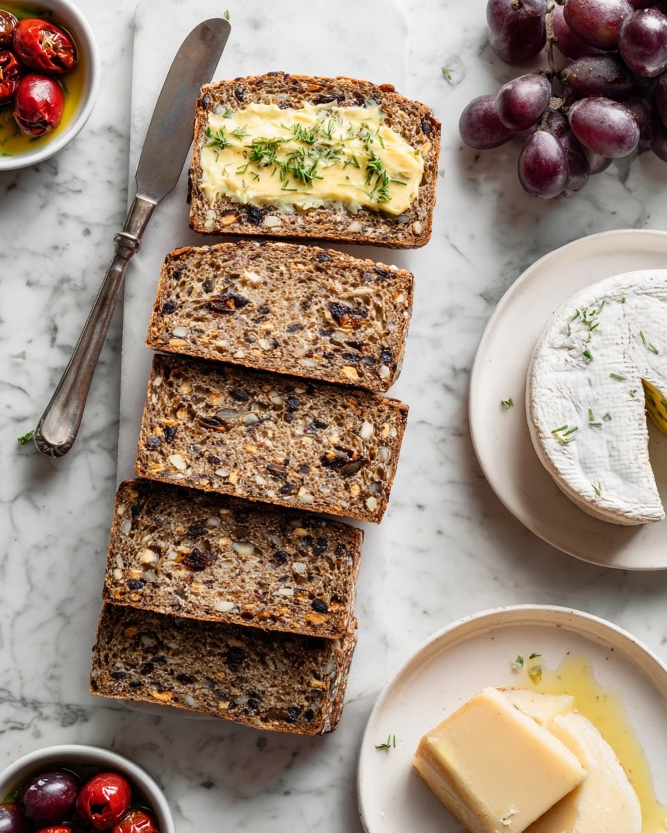 The image shows a stack of thin brown slices of bread with visible seeds and dark dried fruit pieces, arranged vertically on a white marbled surface. One slice near the top has a light yellow spread topped with a small green herb, and a silver butter knife with the same spread is placed nearby. To the right, a white plate holds a round cheese wheel with a section cut out, exposing its soft, pale yellow inside, while next to it is another white bowl containing three small bright red stuffed peppers with some olive oil. At the top right, there is a small bunch of dark purple grapes. Photo taken with an iphone --ar 4:5 --v 7