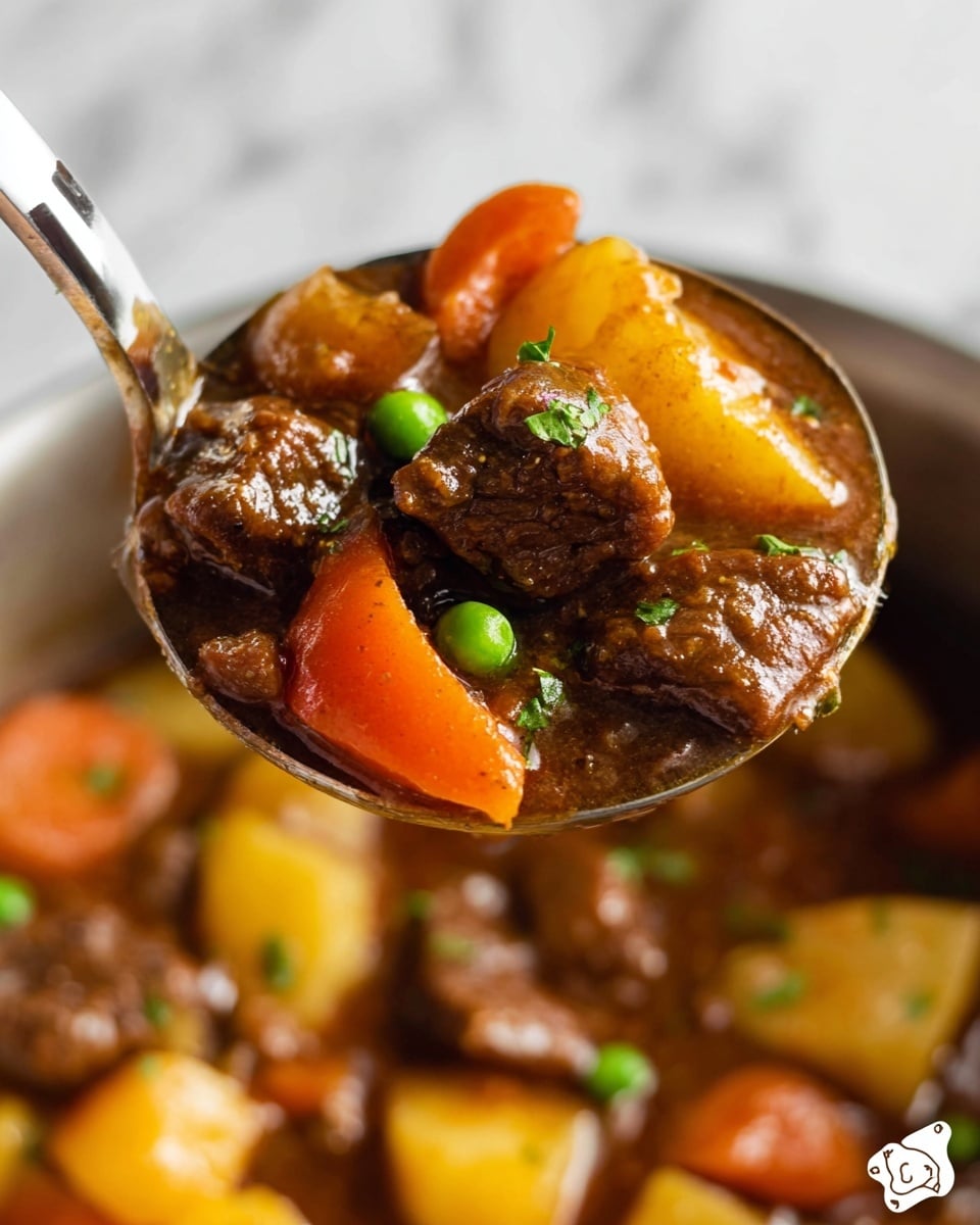 A close-up of a ladle holding a beef stew with visible layers of chunky dark brown meat pieces, orange carrot slices, yellowish potato chunks, and a few small bright green peas. The stew looks thick and glossy with a brown gravy coating the ingredients. The ladle itself is metallic and above the stew pot. The background is soft with a white marbled texture. photo taken with an iphone --ar 4:5 --v 7
