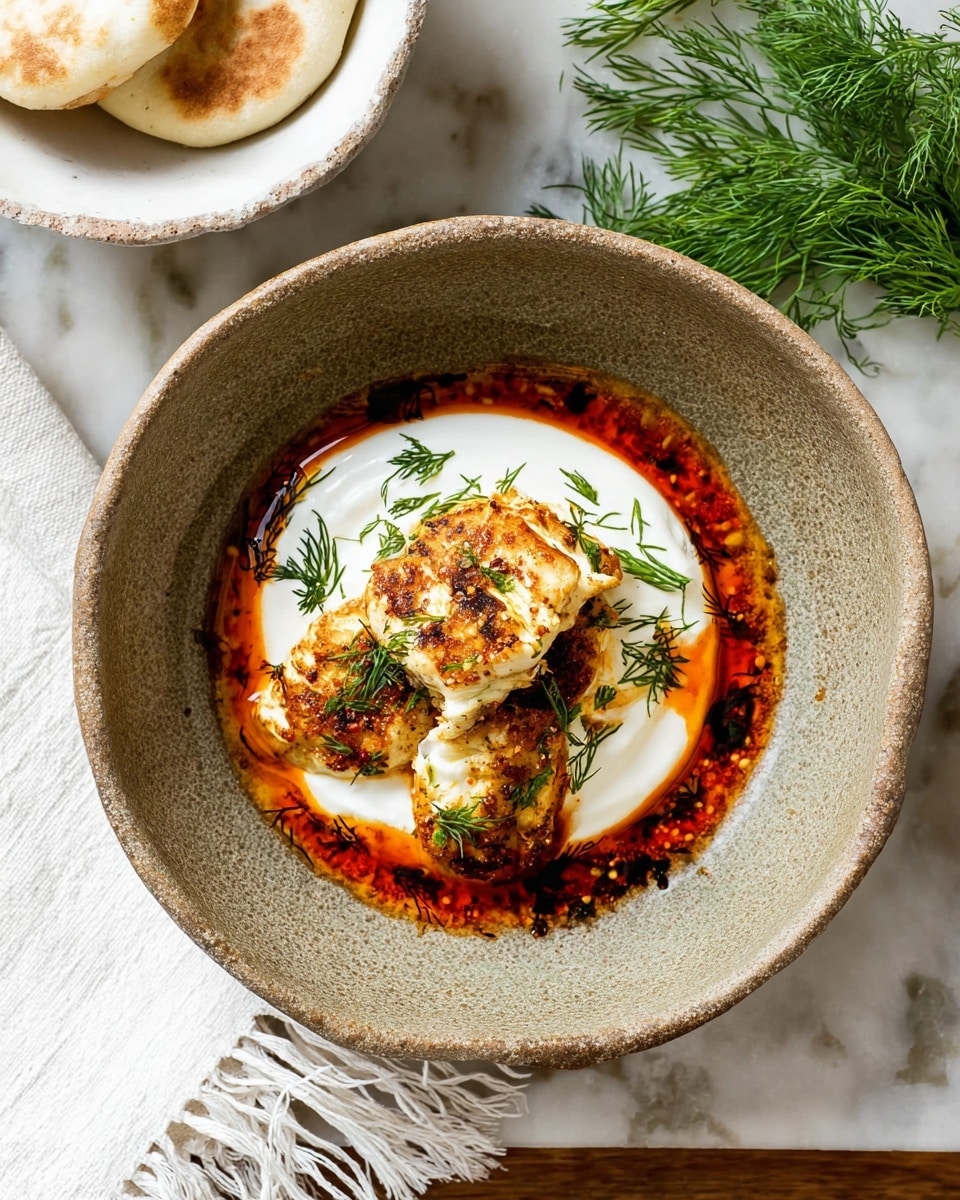 A bowl with a rough, speckled gray surface holds a dish with three layers. The bottom layer is smooth white yogurt spread evenly, on top of this sit two scoops of grilled chicken with golden brown crispy spots. A red-orange oily sauce with dark seasoning pools around the chicken, garnished with small fresh green dill leaves. The bowl is placed on a white marbled texture surface with fresh dill sprigs nearby and a white cloth with fringes. In the upper left corner, a white bowl holds three small round pieces of flatbread. Photo taken with an iphone --ar 4:5 --v 7
