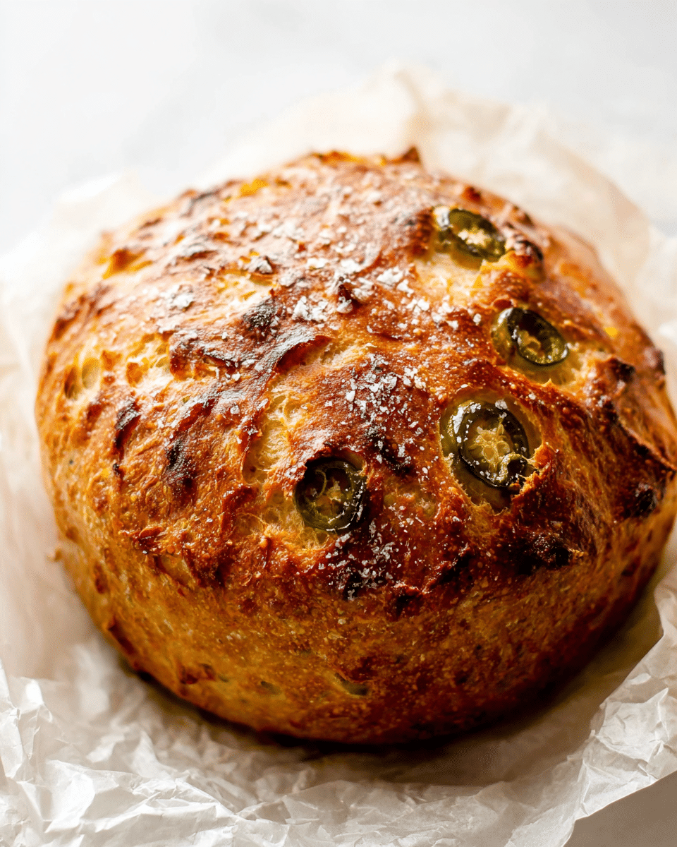 A round, golden-brown bread loaf sits on crinkled white parchment paper over a white marbled surface. The bread has a crispy, slightly rough crust with darker browned spots and a dusting of coarse salt. Embedded in the top crust are small, irregular slices of green jalapeño, some with slightly charred edges. The texture shows air bubbles and a rustic homemade look, making the loaf appear fresh and hearty. Photo taken with an iphone --ar 4:5 --v 7