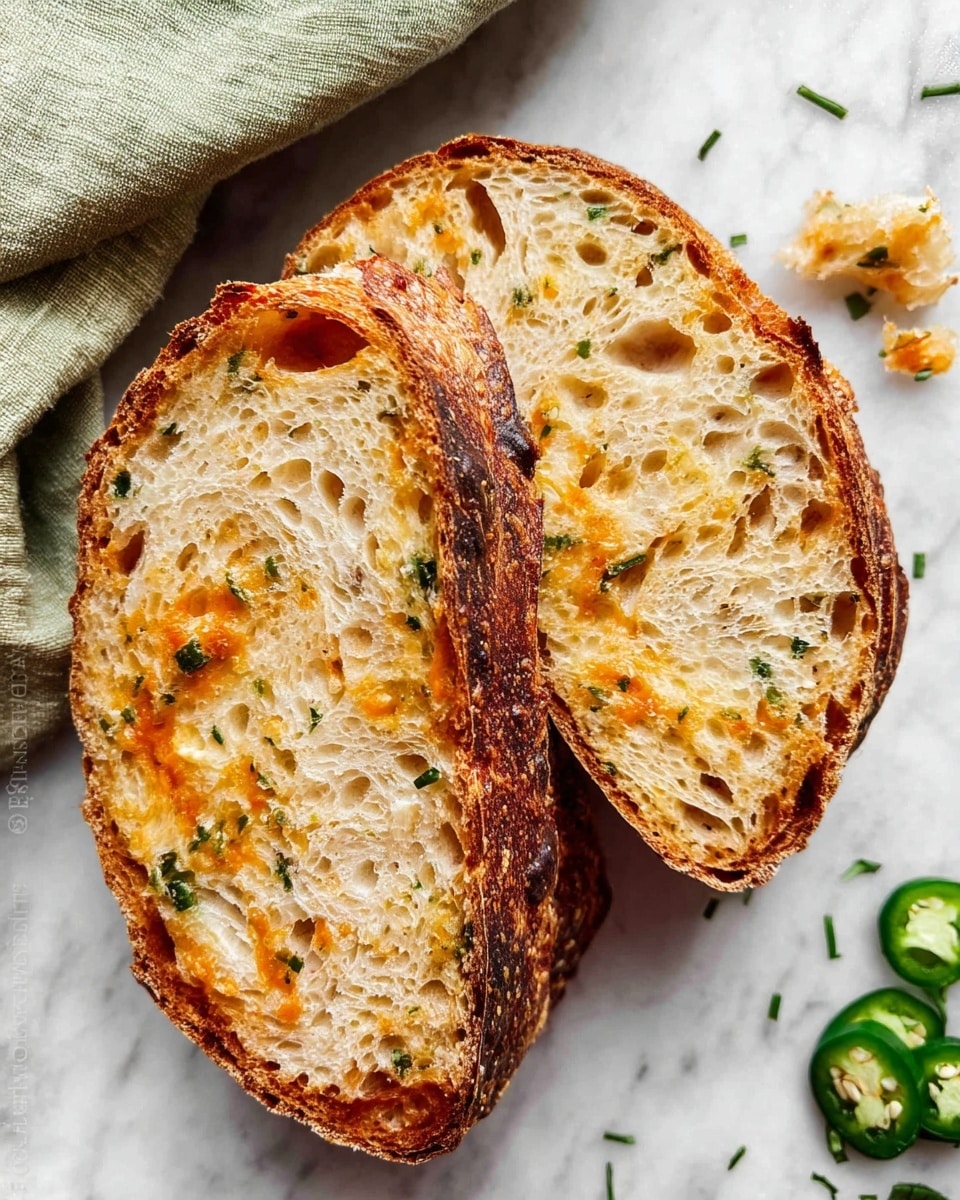 The image shows two thick slices of crusty bread placed slightly overlapping on a white marbled surface. The bread has a golden-brown, crispy crust with a textured, bubbly inside showing small green herbs and soft orange melted cheese scattered throughout each slice. The edges show some darker toasted spots, adding to the rustic appearance. Near the top right corner, there are some fresh green jalapeño slices and a small piece of bread crumb. A wrinkled light green cloth is visible at the top left corner of the image. Photo taken with an iphone --ar 4:5 --v 7