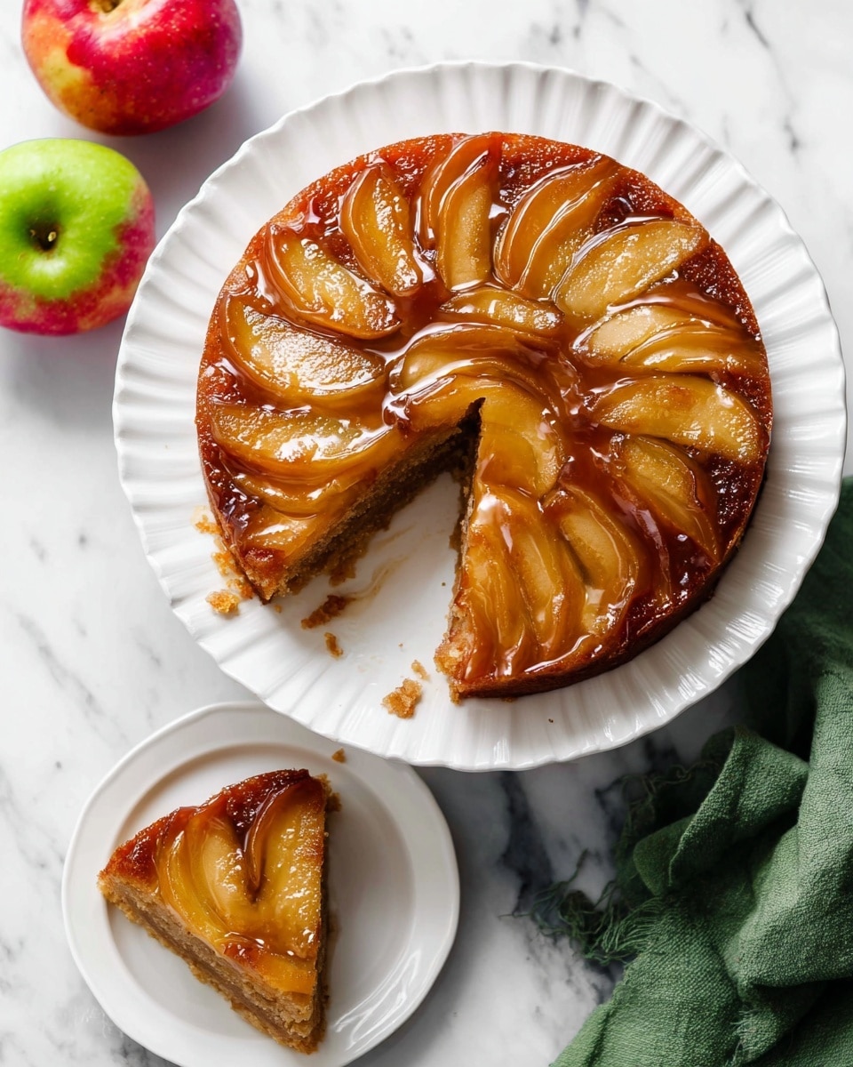 A round upside-down apple cake with one slice removed sits on a white fluted plate. The top layer is made of glossy golden-brown apple slices arranged in overlapping fan shapes. Beneath the apples is a thick, moist brown cake layer that looks dense and soft. A small piece of the cake slice is on a smaller white plate nearby. The scene includes two whole apples, one red and one green, on a white marbled surface with a green cloth napkin at the bottom right. Photo taken with an iphone --ar 4:5 --v 7