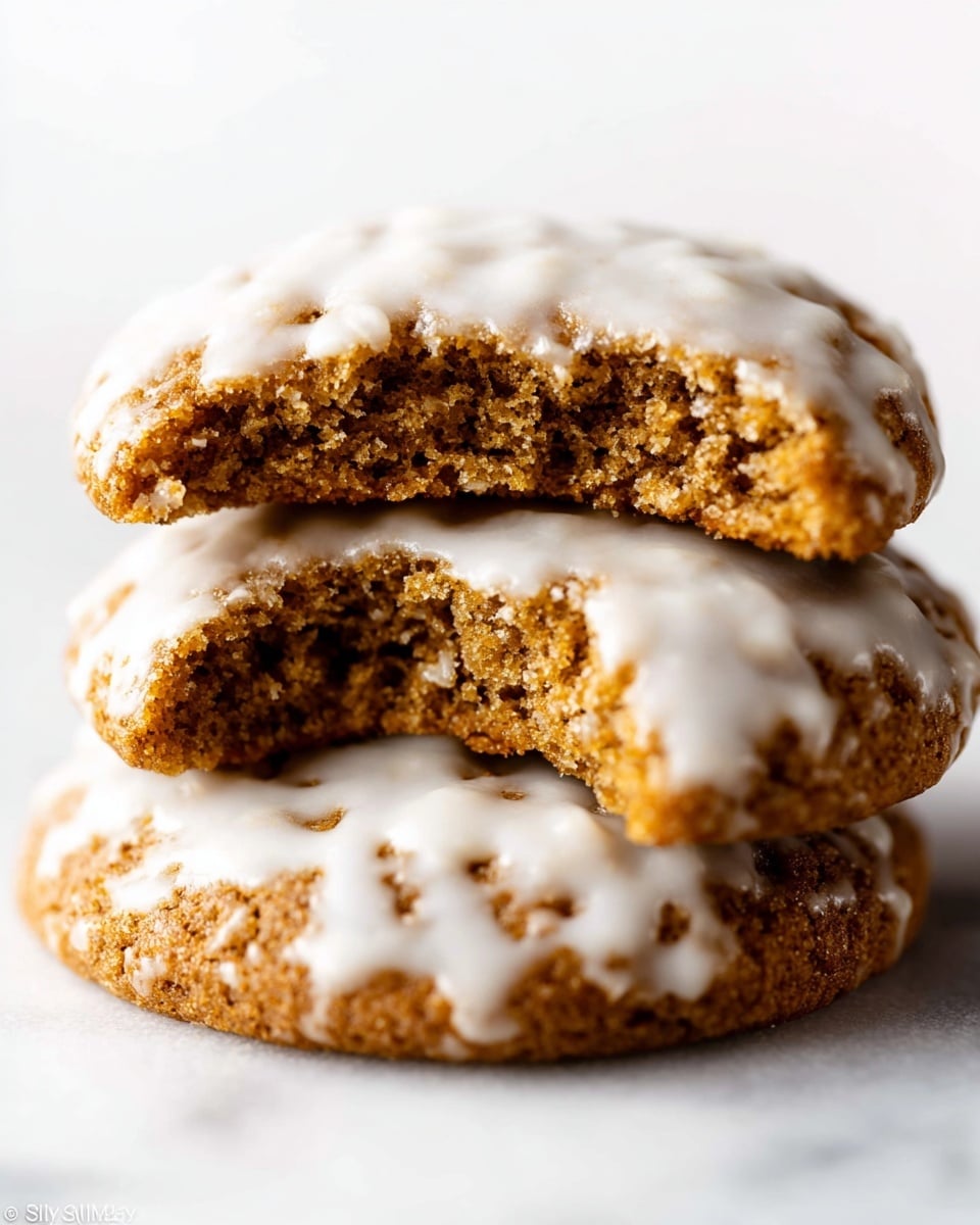 A close-up view of a stack of two soft brown cookies with a rough texture, each topped with a shiny white icing that spreads across the top in an uneven pattern. The top cookie is broken in half, revealing the dense, crumbly inside. The stack is placed on a white marbled surface, with bright lighting highlighting the contrast between the cookie’s warm brown color and the smooth white icing. photo taken with an iphone --ar 4:5 --v 7