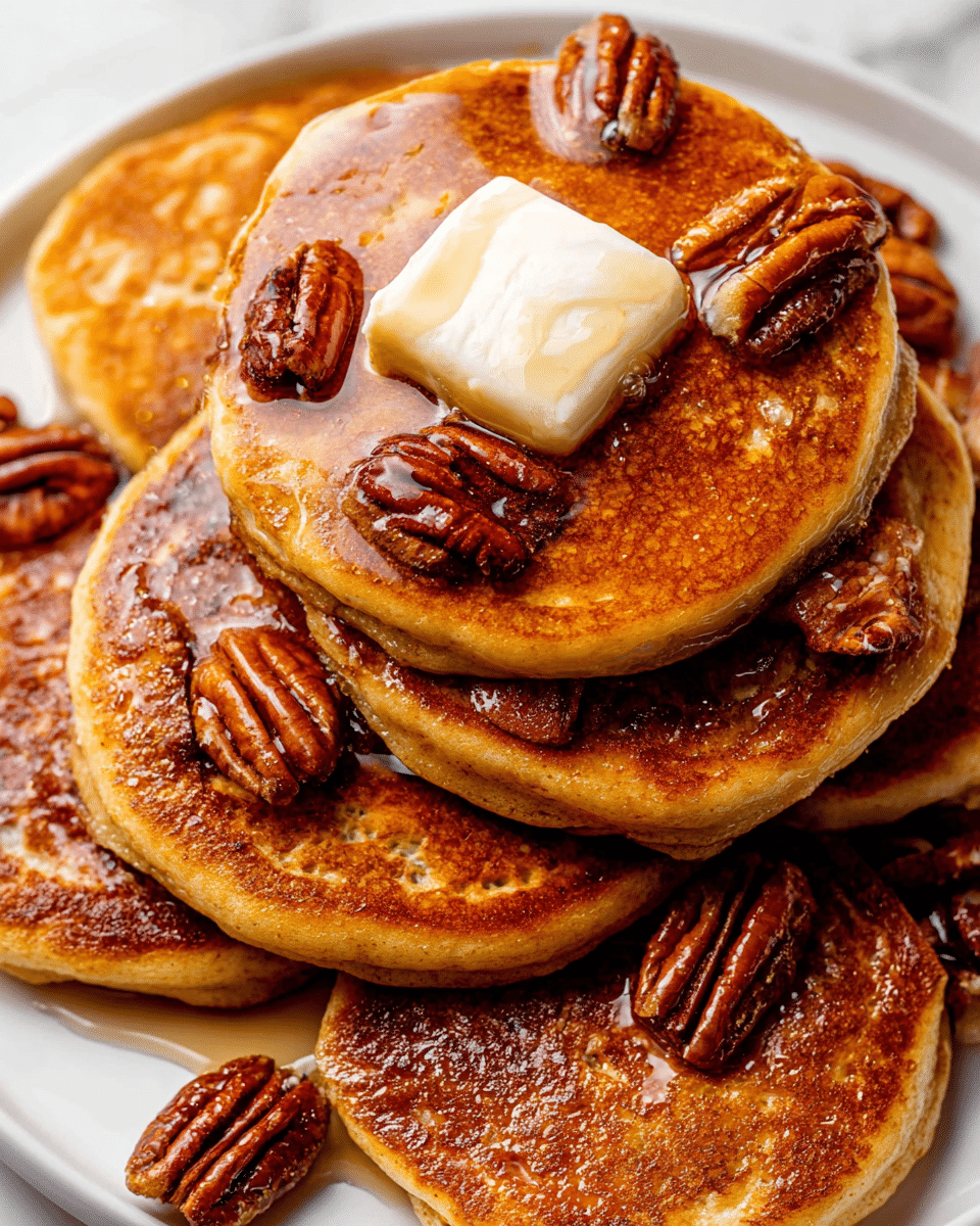 A stack of six thick, golden-brown pancakes is arranged on a white plate, each pancake showing a slightly crisp edge and a soft, fluffy texture. The top pancake has a square pat of creamy butter gently melting in the center, surrounded by glossy, sticky syrup drizzled unevenly across the stack. Scattered on and around the pancakes are shiny, caramelized pecans that add a rough texture and deep brown color contrast against the pancakes. The overall look is warm and rich, sitting on a white marbled surface. Photo taken with an iphone --ar 4:5 --v 7