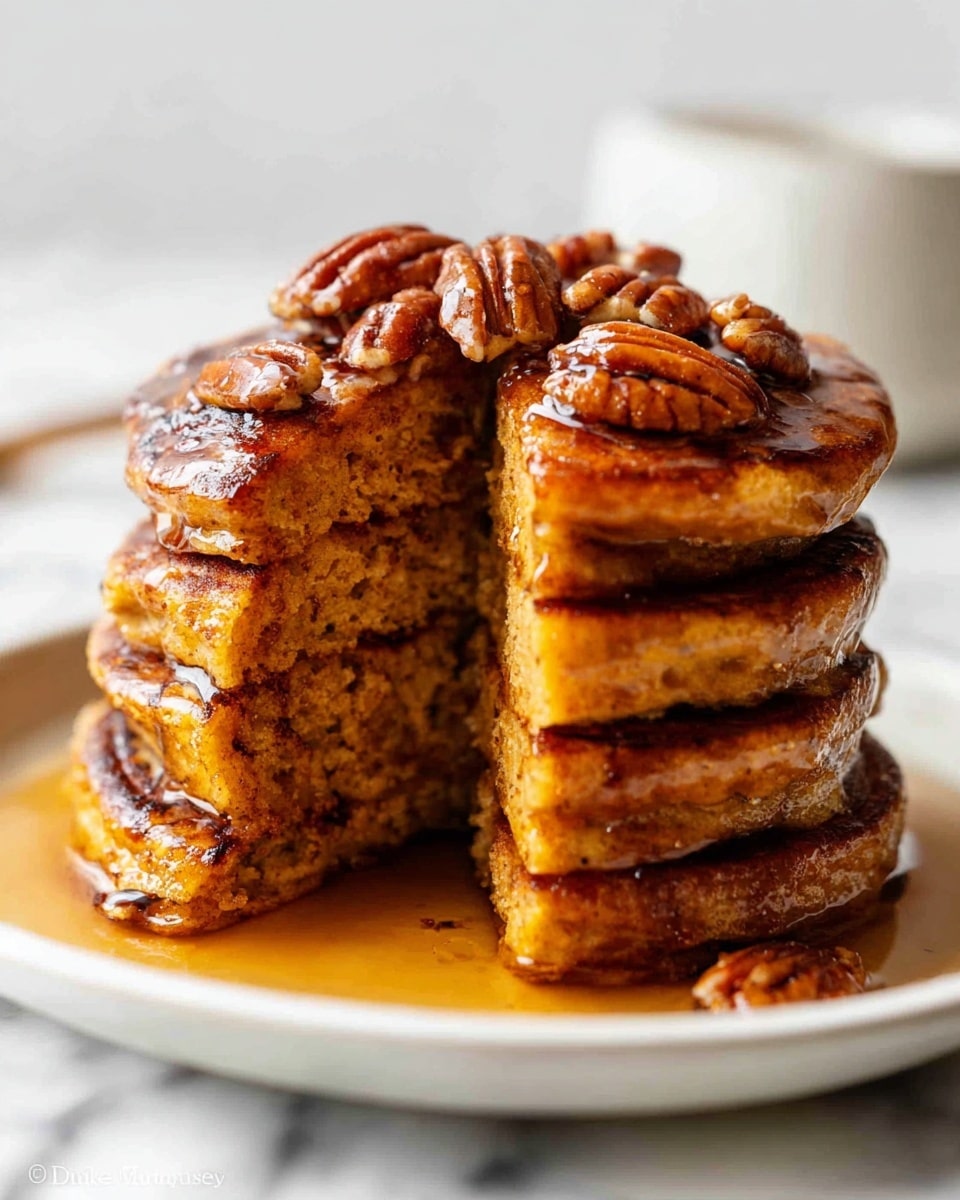 A stack of five thick, golden-brown pancakes sits on a white plate against a white marbled background. Each pancake has a slightly textured surface showing the fluffy inside, with the top pancake cut to reveal its soft, moist layers. The stack is topped with several whole pecans that look glossy and coated with syrup, which also drizzles down the sides of the pancakes, creating a shiny, sticky appearance. The warm, rich colors of the pancakes contrast with the smooth, white plate beneath them. photo taken with an iphone --ar 4:5 --v 7