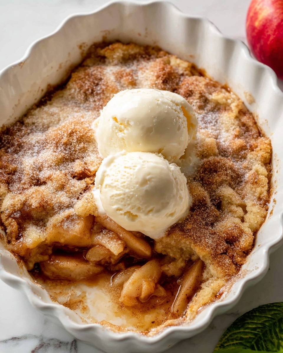 A white scalloped baking dish filled with a cooked apple cobbler, showing two visible layers: the top layer is a golden brown, slightly cracked crust dusted with sugar and cinnamon, and the bottom layer consists of soft, caramelized apple slices in a syrupy sauce. On top of the crust are two scoops of melting vanilla ice cream with a creamy texture that contrasts with the warm cobbler below. The dish sits on a white marbled surface, with a red apple and green leaves partially visible in the corner. photo taken with an iphone --ar 4:5 --v 7