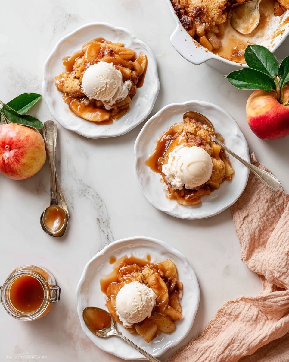 The image shows a dessert with three servings of apple cobbler on three white plates, each with a scoop of white vanilla ice cream on top. The cobbler has visible layers of soft, caramel-brown baked apple slices mixed with a golden, crumbly crust. The apple filling looks juicy and glossy with a drizzle of brown caramel sauce on some parts. The plates are placed on a white marbled surface, with two spoons beside two plates, and a small jar of caramel sauce with a spoon inside it visible on the lower left. There is also a whole apple with red and yellow hues along with green leaves on the top right, resting next to a folded light peach-colored cloth. In the upper right corner, there is a white ceramic baking dish with the remaining baked cobbler inside. Photo taken with an iphone --ar 4:5 --v 7