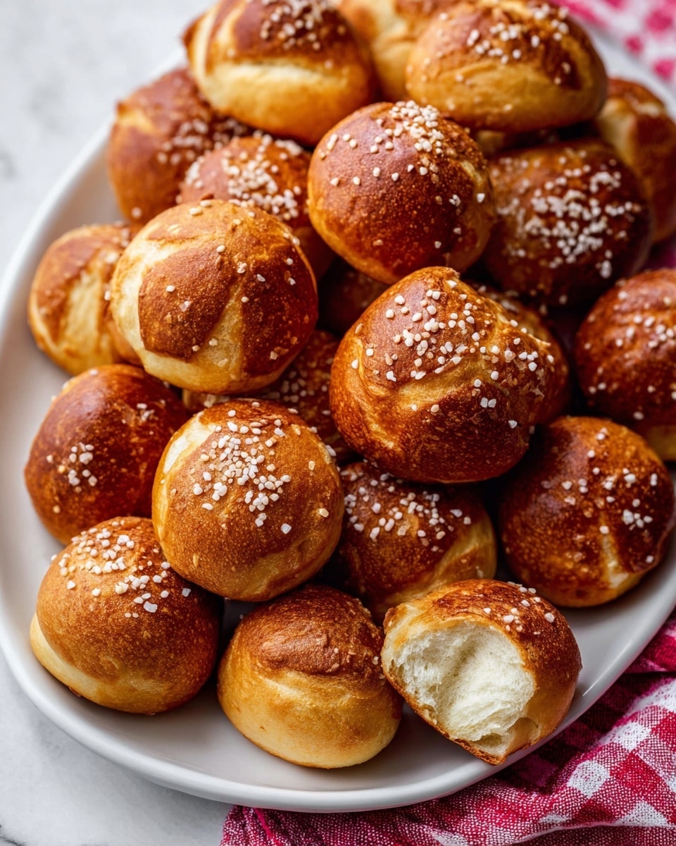 The image shows a white oval plate filled with small, round soft pretzel bites. There are about two layers of pretzel bites stacked, with the top layer showing golden-brown baked surfaces sprinkled with large grains of salt that sparkle. The texture of the pretzels is smooth with some cracks and darker brown spots from baking, and one pretzel bite near the top right corner is broken open, revealing a soft and fluffy white inside. The plate sits on a white marbled textured surface with a red and white checkered cloth partly visible in the background. photo taken with an iphone --ar 4:5 --v 7