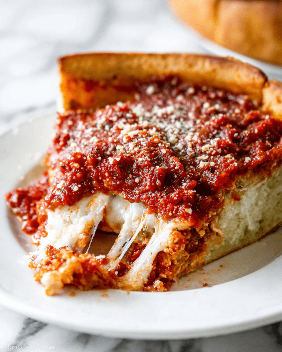 A close-up of a slice of deep-dish pizza on a white plate with a white marbled surface in the background. The slice shows three main layers: a thick, golden-brown crust on the bottom; a middle layer of melted white mozzarella cheese stretching as a bite is taken; and a top layer of chunky, dark red tomato sauce sprinkled with grated Parmesan cheese. The edges of the crust are thick and slightly browned, with a soft and fluffy interior visible where the bite was taken. Photo taken with an iphone --ar 4:5 --v 7