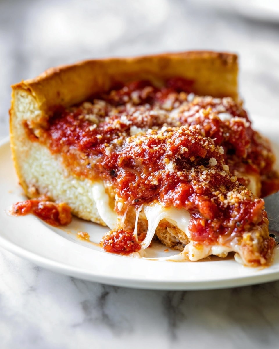 A close-up view of a single slice of deep-dish pizza sits on a white plate with a white marbled texture underneath. The slice has three distinct layers: the bottom is a thick, soft, golden-brown crust with a slightly crumbly texture, in the middle is a layer of melted, gooey white cheese stretching slightly, and on top is a chunky red tomato sauce dotted with small bits of meat and sprinkled with grated cheese. The crust is thick and raised around the edges, forming a golden rim that encases the cheesy and saucy layers. Photo taken with an iphone --ar 4:5 --v 7