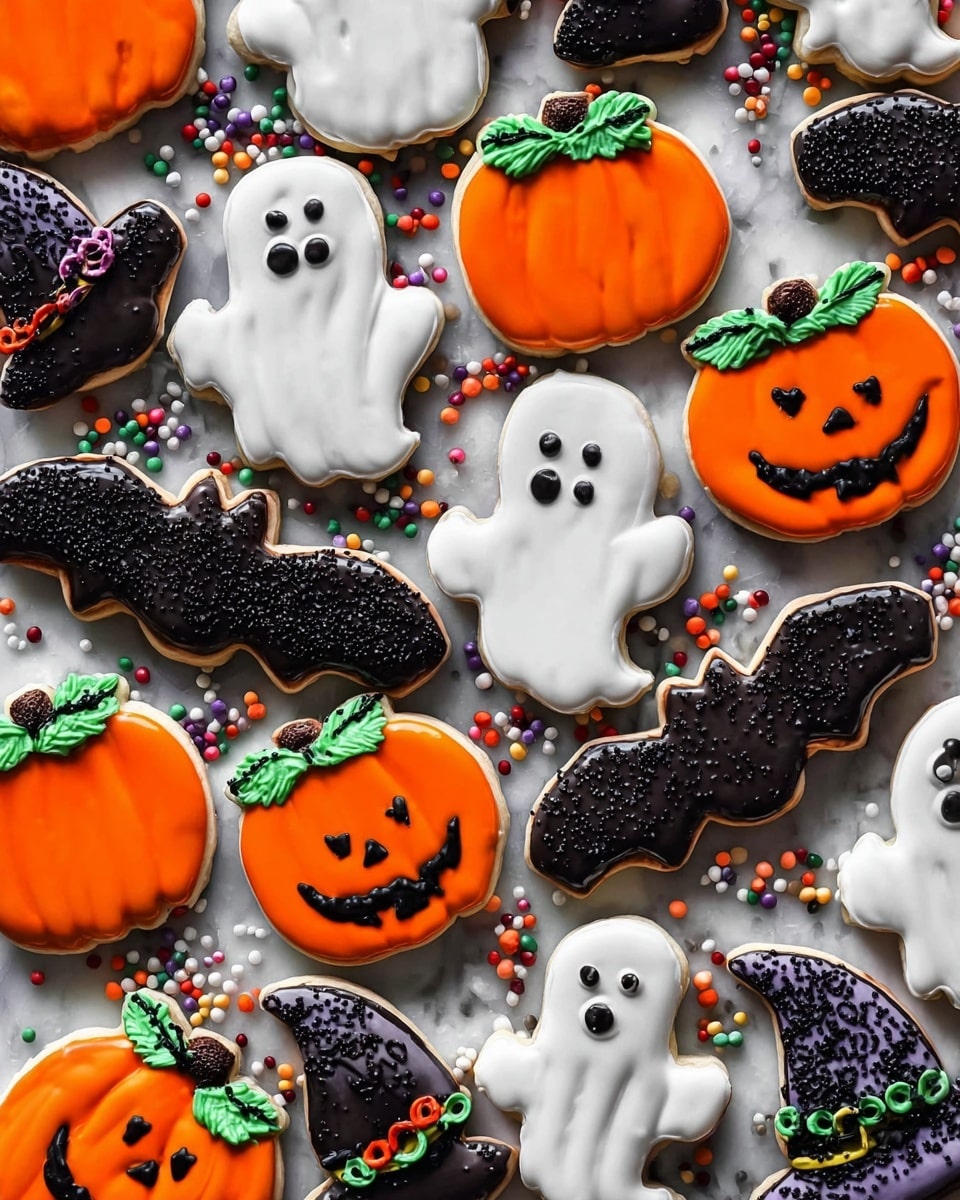 This image shows a collection of Halloween-themed cookies placed on a white marbled texture. There are about four types of cookies: bright orange pumpkins with green leaves on top and black smiling or spooky faces drawn with icing, white ghosts with two small black eyes and rounded arms, black bats with chocolate sprinkles on their bodies and white eyes, and pointy black witch hats decorated with small round beads in orange and green forming stripes near the base. The cookies are scattered close to each other, with colorful sprinkles in purple, green, black, red, and white scattered around them, adding a playful touch. The overall texture of the cookies looks smooth and shiny from the icing. photo taken with an iphone --ar 4:5 --v 7