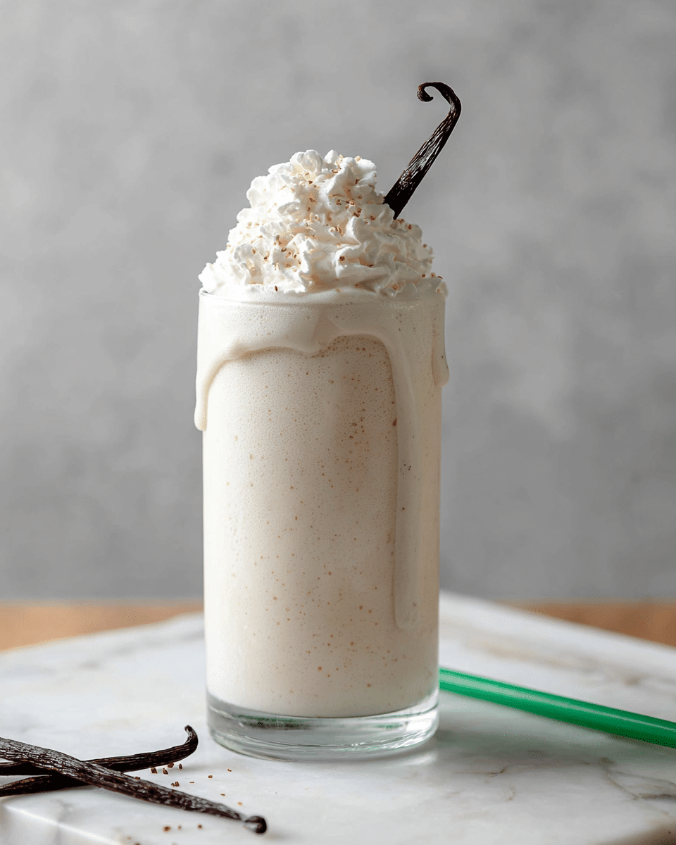 A clear tall glass filled with a creamy light beige vanilla milkshake, the milkshake slightly overflowing and dripping down the sides of the glass; on top is a layer of fluffy white whipped cream with a rough texture, crowned by a dark brown curly vanilla bean pod sticking out. The glass sits on a white marbled surface, with two vanilla bean pods lying nearby and a green straw placed on the surface beside the glass. The background is a soft grey color with a smooth gradient. Photo taken with an iphone --ar 4:5 --v 7
