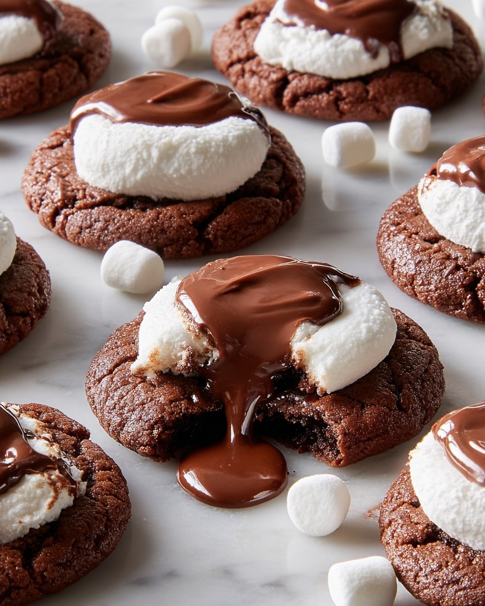 The image shows several round chocolate cookies placed on a white marbled surface, each topped with a thick, fluffy white marshmallow layer in the center. On top of the marshmallow, there is a smooth, shiny layer of melted chocolate that drips slightly over the edges. One cookie is broken in half, revealing a gooey melted chocolate center under the marshmallow. Some small white marshmallows are scattered around the cookies, adding to the rich, homemade feel. photo taken with an iphone --ar 4:5 --v 7