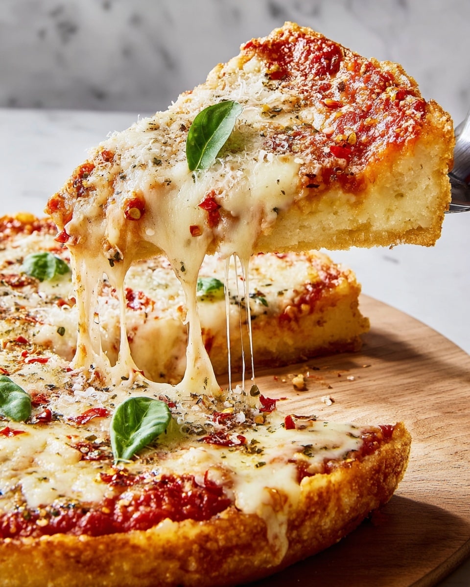 A slice of pizza is being lifted with a metal spatula, showing melted, stretchy cheese pulling away from the rest of the pizza. The pizza has one thick crust layer with a golden-brown color and a slightly rough texture. Above the crust, there is a red tomato sauce layer covering the base, topped by a thick layer of melted, bubbly cheese that is creamy white with some browned spots. Scattered on top are red chili flakes and grated parmesan, along with small green fresh basil leaves placed on the cheese. The pizza rests on a wooden board, set on a white marbled surface background. photo taken with an iphone --ar 4:5 --v 7
