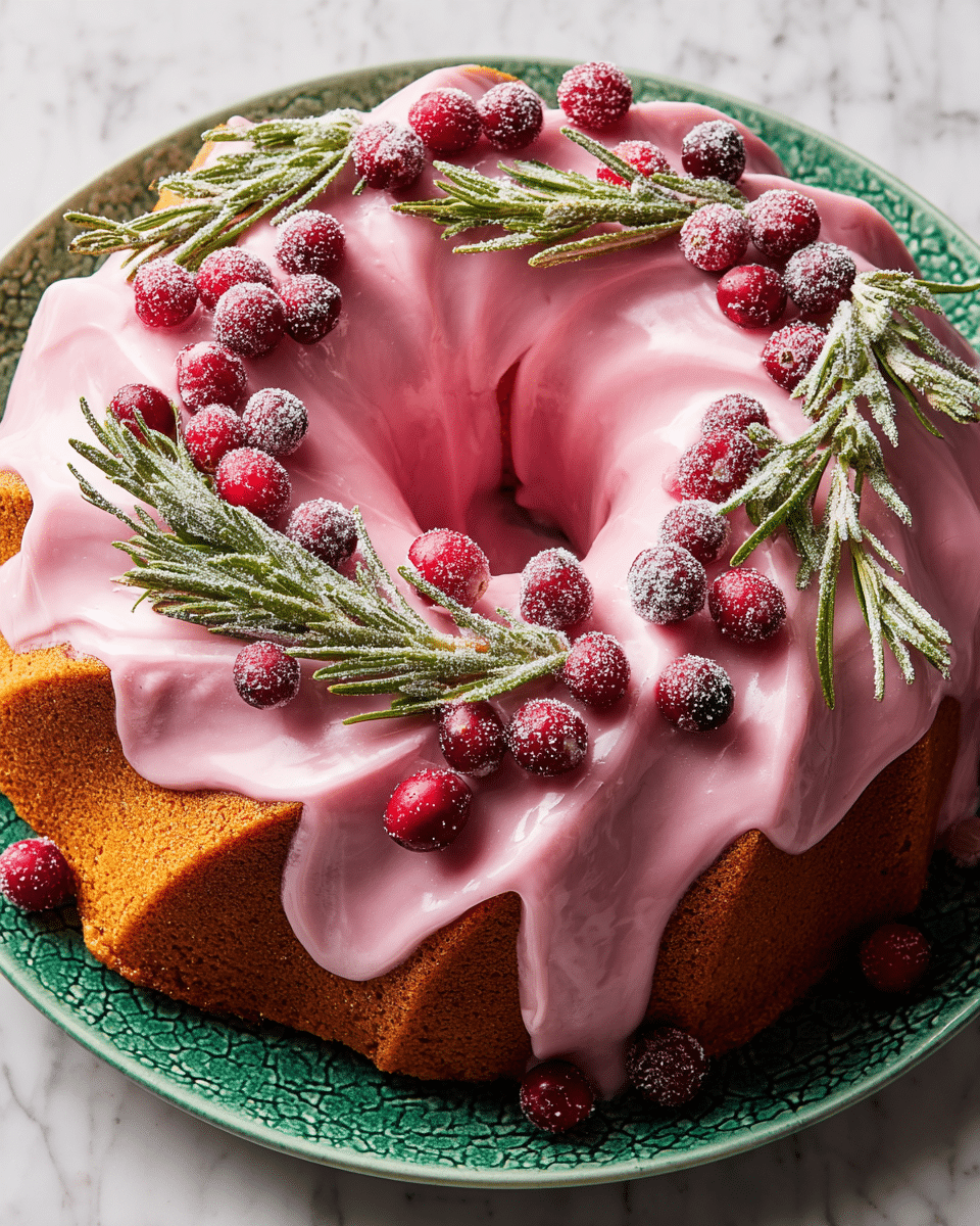 A golden brown bundt cake covered with a smooth, thick layer of pink icing that drapes over the cake in multiple swirled folds. The cake is decorated with a mix of fresh red cranberries and sugar-coated cranberries scattered on top, along with frosted green rosemary sprigs placed around the cranberries creating a festive look. The cake sits on a round white plate with a dark green textured pattern, set on a white marbled surface. photo taken with an iphone --ar 4:5 --v 7