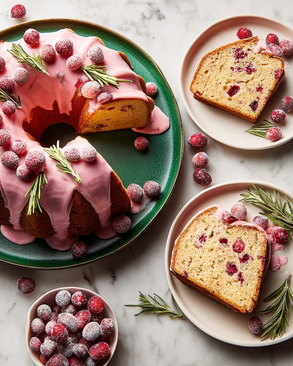 A bundt cake with a light brown inside dotted with red cranberries is sliced and arranged on a dark green round plate sitting on a white marbled surface. The cake is topped with thick pink icing that drips slightly down the sides, decorated with sprigs of green rosemary and both fresh and sugared cranberries scattered on top and around the cake. Two white plates hold single slices of the cake, each slice showing the moist texture with visible cranberries and a thin layer of pink icing on the edges. One of the plates also has a small sprig of rosemary next to the slice, with sugared cranberries placed on the plates and on the surface nearby. A small white bowl filled with sugared cranberries is also part of the scene. photo taken with an iphone --ar 4:5 --v 7