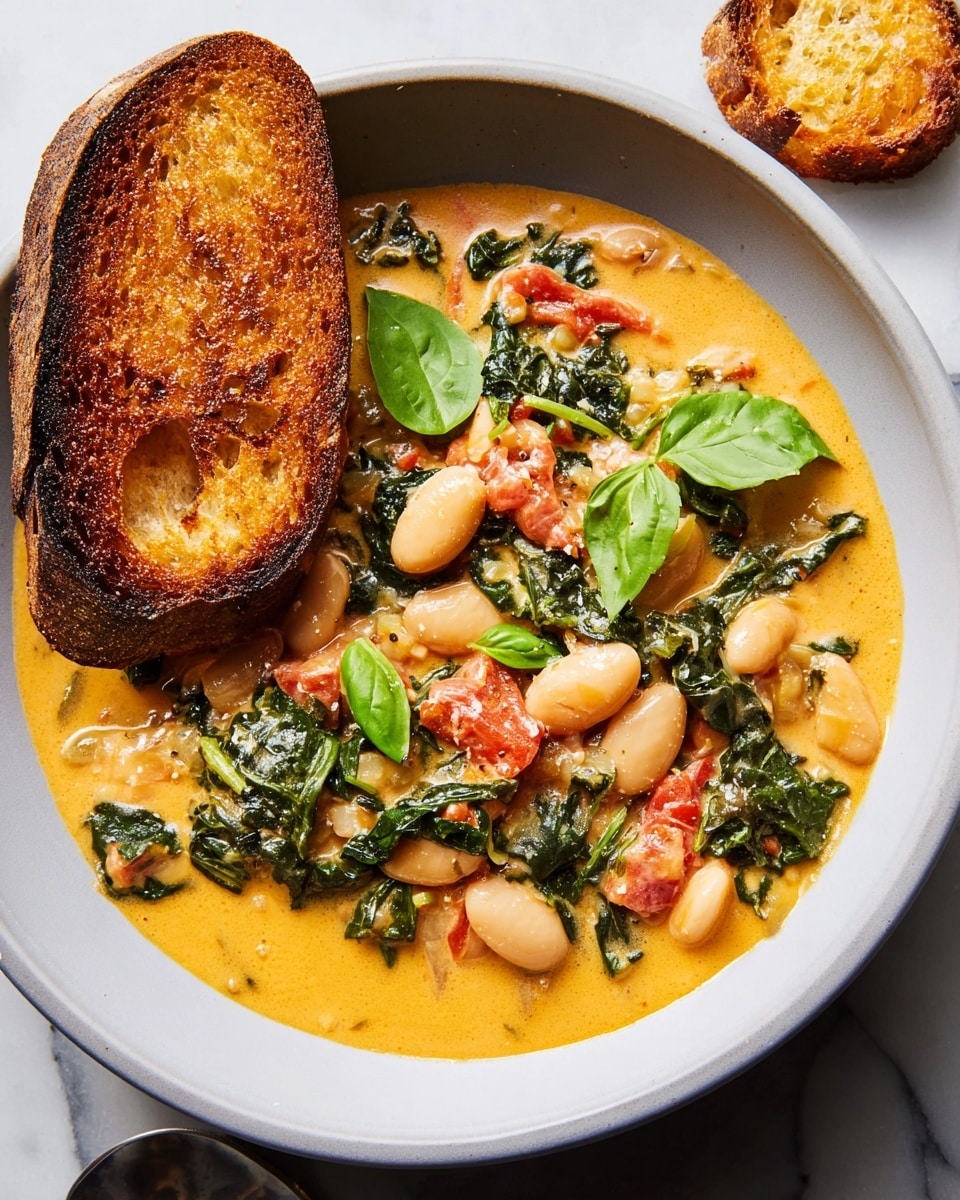 A white bowl holds a creamy stew with three main layers: the base layer is a smooth, thick orange-yellow sauce evenly spread; on top, large white beans and wilted dark green leafy vegetables mix with small chunks of bright red tomatoes, creating a vibrant, chunky texture; scattered on the top layer are fresh bright green basil leaves adding a fresh contrast. To the right inside the bowl, a toasted golden brown bread slice with a crisp crust leans against the stew. The bowl sits on a white marbled surface with another piece of toasted bread partially visible on the side. Photo taken with an iphone --ar 4:5 --v 7