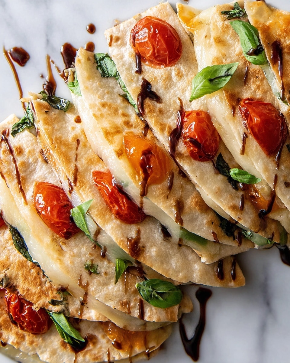 The image shows a close-up of several layered quesadillas placed side by side on a white marbled surface. Each quesadilla has two soft, light golden brown tortillas folded over layers; inside, you see melted cheese oozing out with a smooth, creamy texture. Bright red roasted cherry tomatoes and fresh green basil leaves add pops of color, sitting between the golden tortillas and melted cheese that stretches beyond the edges. There are thin streaks of dark balsamic glaze drizzled over the top, enhancing the look with contrast. The overall presentation is neat and colorful with warm tones of golden brown, red, and green standing out against the white marbled surface in soft natural light. photo taken with an iphone --ar 4:5 --v 7