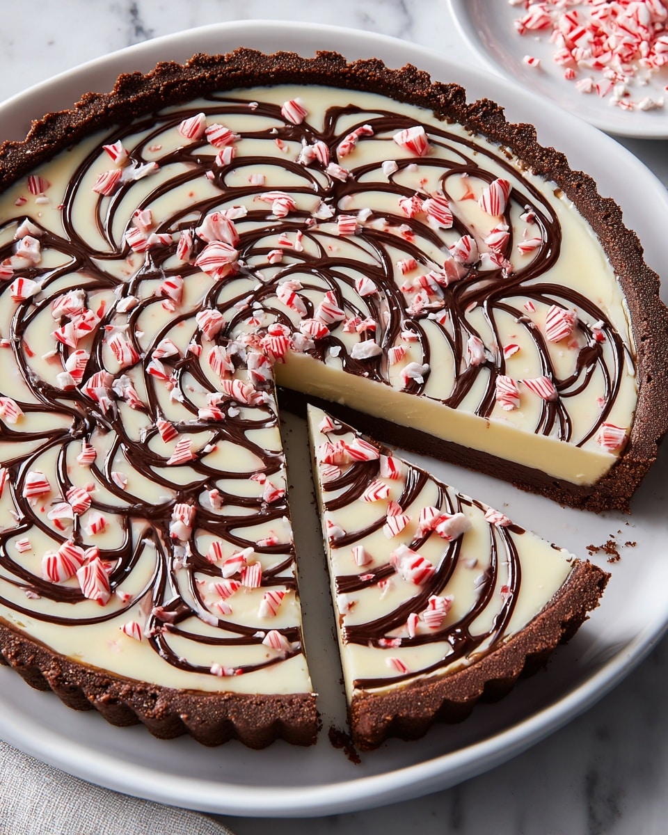 A sliced round tart is shown on a white plate on a white marbled surface, featuring three main visible layers: a thick, dark brown outer crust with rough texture and crimped edges; a smooth, creamy white middle layer filling the tart base; and a dark chocolate swirl pattern on top, arranged in curved lines covering the entire surface. The tart is decorated with scattered small red and white peppermint candy pieces adding a festive touch all over. One slice has been removed, showing the crust and filling cleanly separated at the cut. Photo taken with an iphone --ar 4:5 --v 7