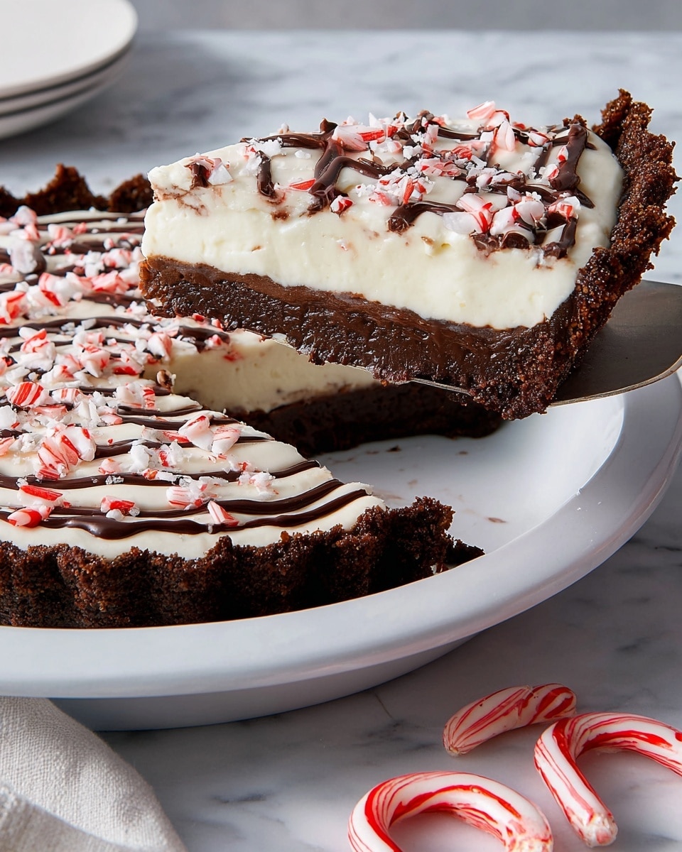 The image shows a slice of pie being lifted from a white plate on a white marbled surface. The pie has three clear layers: a thick, dark brown crust with a crumbly texture forms the bottom and edges; above it is a smooth, creamy white layer; the top is decorated with dark brown chocolate drizzles in a swirling pattern and sprinkled with small, crushed pieces of red-and-white peppermint candy. In the foreground, there are whole red-and-white peppermint candies on the surface. photo taken with an iphone --ar 4:5 --v 7