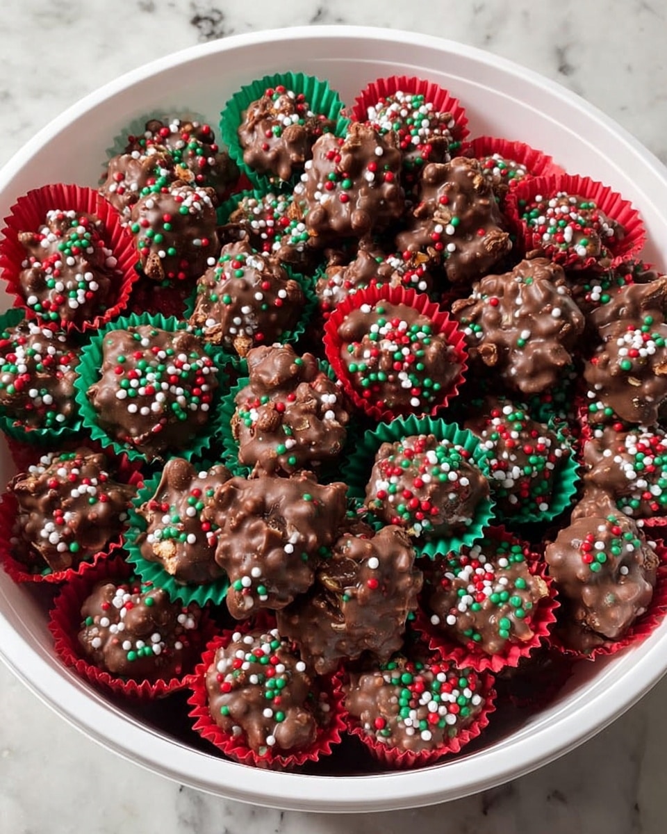A large white container filled with many small clusters of chocolate, each sitting inside red, green, or red-and-white striped paper cups. Each chocolate cluster has a rough, lumpy texture with small nuts or bits inside and is topped with tiny round sprinkles in red, white, and green colors, giving a festive look. The chocolates are packed closely, covering the entire container, against a black stovetop background with a white marbled surface just barely visible. photo taken with an iphone --ar 4:5 --v 7
