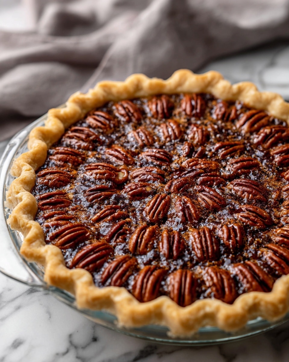 The image shows a pecan pie with a golden brown crust that has a crimped edge, filling the clear glass pie dish completely. The filling is dark brown with a glossy texture, topped with whole pecan halves arranged in concentric circles covering the entire surface. The pecans are shiny and slightly darker, creating a striking pattern against the pie's filling. The pie is set on a white marbled surface with a blurred light gray cloth in the background. photo taken with an iphone --ar 4:5 --v 7