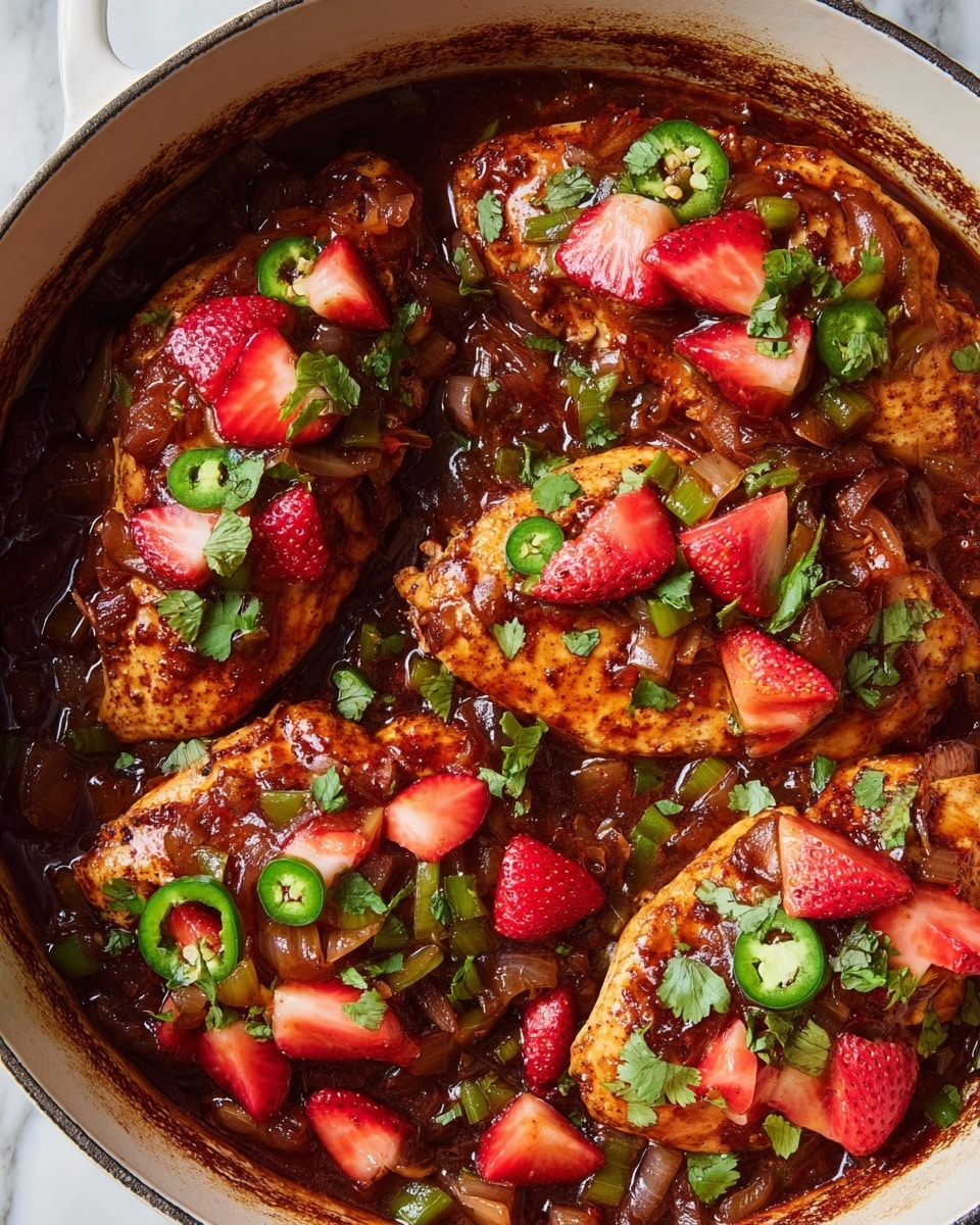 The image shows a white pan filled with cooked chicken breasts topped with a colorful salsa made of bright red strawberry slices, green jalapeño pieces, chopped onions, and fresh green cilantro leaves. The chicken is golden brown with a slightly crisp surface and is partially sliced, showing tender white meat inside. The sauce at the bottom is rich and dark red-brown, with chunks of cooked onions and peppers mixed throughout. A white spatula lifts one piece of chicken, coated in the same sauce and garnishes. The background surface has a white marbled texture. Photo taken with an iphone --ar 4:5 --v 7