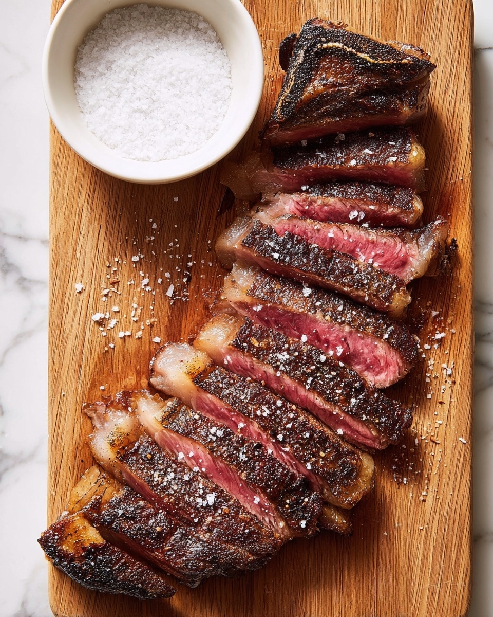 A large grilled ribeye steak lies flat on a wooden cutting board with a varied light and dark brown checkered pattern. The steak has a rich dark brown crust with visible grill marks and a moist, juicy texture, covered with coarse sea salt and cracked black pepper. The fat around the edges is golden and slightly crispy. To the upper right side, there is a white ceramic bowl filled with coarse salt grains. The cutting board is stained with meat juices that add a glossy sheen near the steak. The scene is set on a white marbled surface. photo taken with an iphone --ar 4:5 --v 7