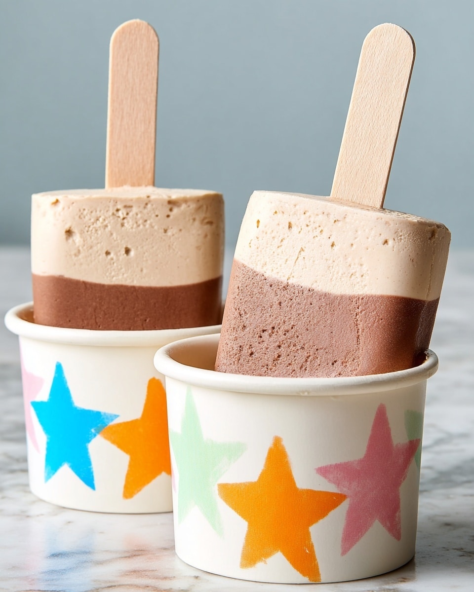 The image shows two small ice cream cups on a white marbled surface. Each cup has two layers: a thick, light brown, airy and textured top layer of ice cream, and a smooth, dark brown bottom layer resembling chocolate. One cup stands upright with a wooden stick inserted in the middle, and the other cup lies on its side showing the smooth chocolate bottom. The background is minimal with a soft, light gray tone. Photo taken with an iphone --ar 4:5 --v 7