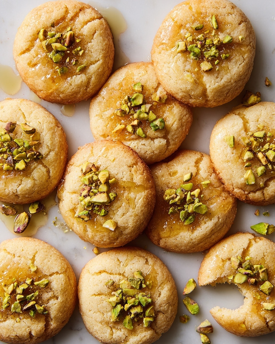 The image shows a group of round cookies with a golden-brown color, topped with small green chopped pistachio pieces and a shiny honey glaze in the center. One cookie is broken in half, showing a soft, light inside texture with some pistachio bits. The cookies are spread on a white marbled surface, with a white plate full of chopped pistachios in the top right corner and a pink egg tray holding three white eggs on the right side. Photo taken with an iphone --ar 4:5 --v 7