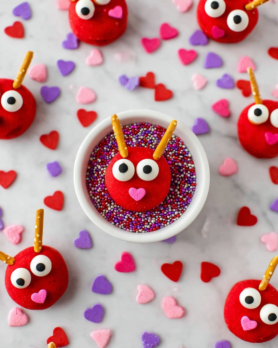 The image shows small round red treats with two antennae sticks on top, each tipped with a tiny heart decoration. Each treat has two large white eyes with black pupils made from candies and a pink heart-shaped mouth below. Most antennae are made of yellow pretzel sticks, while one has white sticks. The treats are placed on a white marbled surface scattered with small, flat heart-shaped sprinkles in red, pink, purple, and white. One treat is inside a white bowl filled with these colorful heart sprinkles, adding a playful contrast of layered colors — the white bowl, bright red treats, and multicolored hearts. Photo taken with an iphone --ar 4:5 --v 7