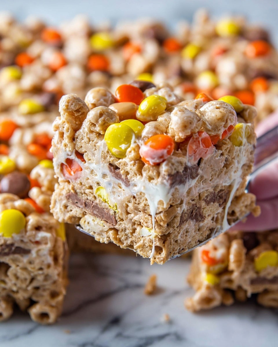 A close-up view of a thick, square layered treat held by a woman's hand scoop, showing a mix of light brown cereal pieces at the base, creamy melted marshmallow layers binding the cereal, and colorful candy pieces in orange, yellow, and brown scattered throughout. The treat has a sticky, gooey texture with visible stringy marshmallow pulls between layers. The background includes more of the cereal and candy mix on a white marbled surface. photo taken with an iphone --ar 4:5 --v 7