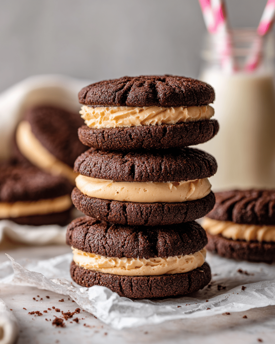 The image shows a stack of three chocolate sandwich cookies, each with two cracked-texture dark brown cookie layers and a thick middle layer of light tan creamy filling. The stack is placed on a piece of clear parchment paper on a white marbled surface. In the background, more cookies are visible, some resting on crumpled white cloth. A small white glass bottle with light cream liquid and a pink-and-white striped straw stands slightly out of focus behind the stack. The overall look is warm and inviting with a focus on the rich texture of the cookies and smooth filling. Photo taken with an iphone --ar 4:5 --v 7