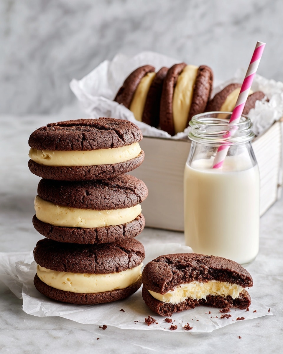 The image shows a stack of three sandwich cookies with dark brown, cracked tops and light yellow cream filling in between each cookie. Next to the stack, there is one sandwich cookie lying flat showing the cream in the middle, and a half-eaten cookie with cream visible, with some crumbs around it. On the right side, inside a white box lined with white parchment paper, five more sandwich cookies stand vertically, showing the contrast between the dark cookie and light filling. A glass bottle of milk with a pink and white striped straw stands on the lower right corner. The whole scene is set on a white marbled surface. Photo taken with an iphone --ar 4:5 --v 7