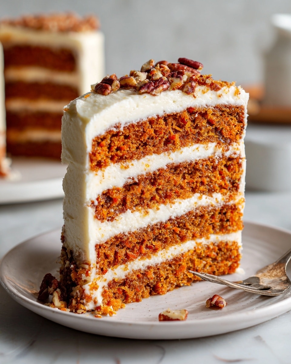 A slice of layered carrot cake on a white plate with a white marbled background, showing four layers of moist orange-brown cake separated by three creamy white frosting layers, with smooth frosting covering the sides as well; small pieces of pecans are scattered around the plate and embedded lightly in the frosting edges, the cake looks soft and crumbly with a slightly creamy texture. photo taken with an iphone --ar 4:5 --v 7