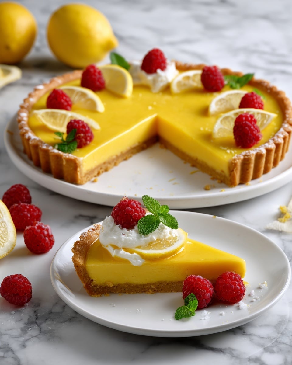 A white plate holds a lemon tart with a golden-brown crust and smooth, bright yellow filling. The tart is cut into slices, with one slice on a white plate beside it. The tart is decorated with thin lemon slices arranged in a curve and topped with fresh red raspberries and small green mint leaves. The slice on the smaller plate is garnished with a dollop of white cream, a lemon slice, a few raspberries, and a mint leaf. Around the plates are loose raspberries and lemon slices, all set on a white marbled surface. Photo taken with an iphone --ar 4:5 --v 7