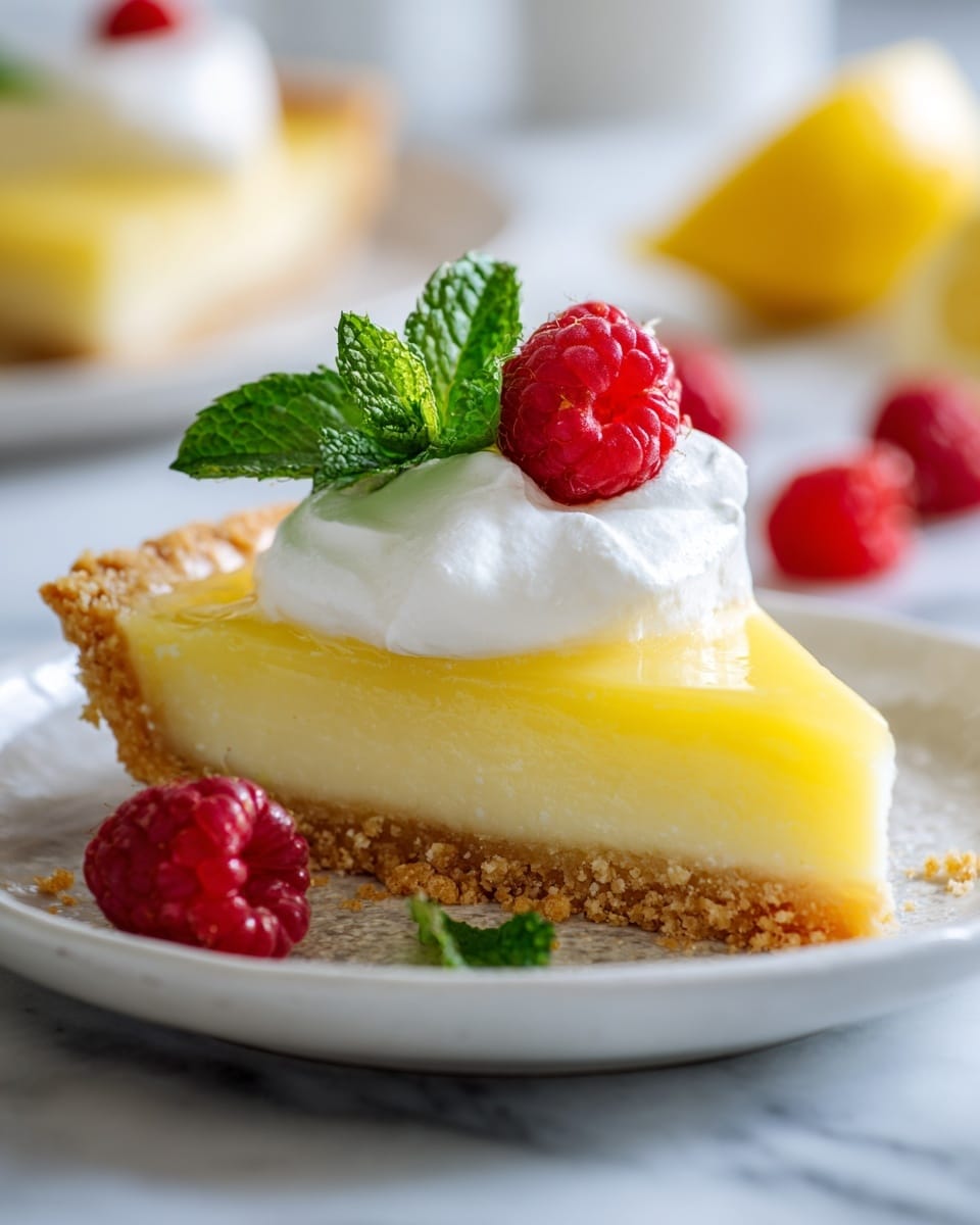 A slice of lemon tart is placed on a white plate with a white marbled texture below. The tart has three clear layers: a crumbly light beige crust at the bottom, a thick smooth yellow lemon filling in the middle, and a dollop of white whipped cream on top. A fresh red raspberry and two bright green mint leaves sit on the whipped cream, adding a pop of color. More raspberries are scattered around the plate, with a blurred piece of another yellow tart slice visible in the background. Photo taken with an iphone --ar 4:5 --v 7