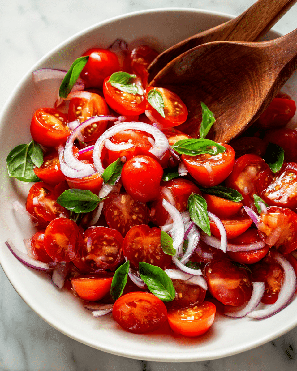 A close-up view of a fresh salad showing vibrant red cherry tomatoes cut in halves and quarters as the main layer, mixed with thin white and purple slices of onion that add a soft texture and color contrast. Scattered throughout are thin strips of bright green fresh basil leaves, adding a fresh, leafy texture on top of the tomatoes and onions. The entire mix is slightly glossy, suggesting a light coating of oil or dressing. A wooden spoon is partially visible on the right side as it stirs the ingredients. The scene is set against a white marbled surface. photo taken with an iphone --ar 4:5 --v 7