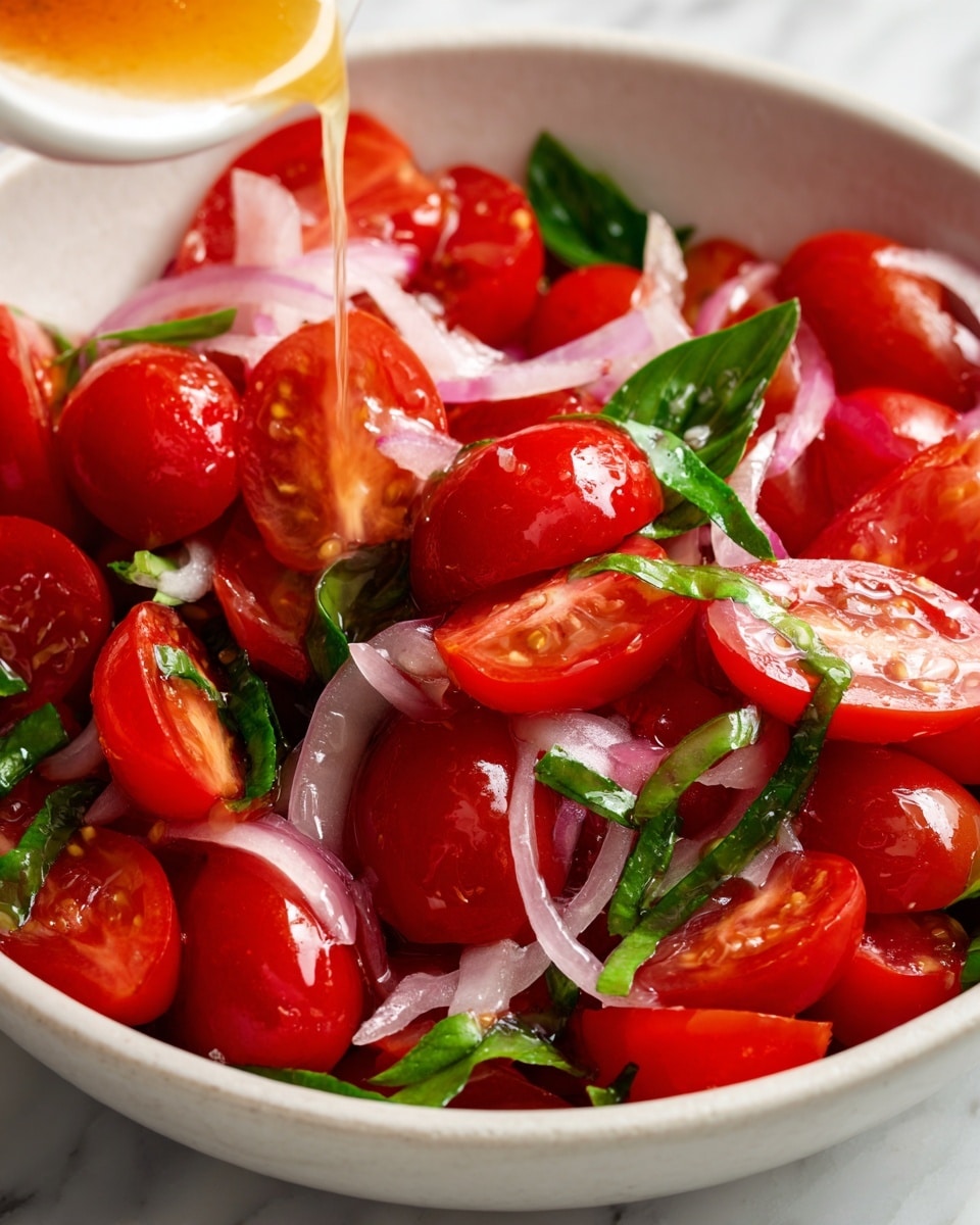 A close-up view of halved red cherry tomatoes mixed with thin, long green basil strips and light pink onion slices, all placed in a white bowl. A light yellow, glossy dressing is being poured over the tomatoes from above, creating a shiny coating on their smooth, moist surfaces. The background shows a soft white marbled texture. Photo taken with an iphone --ar 4:5 --v 7