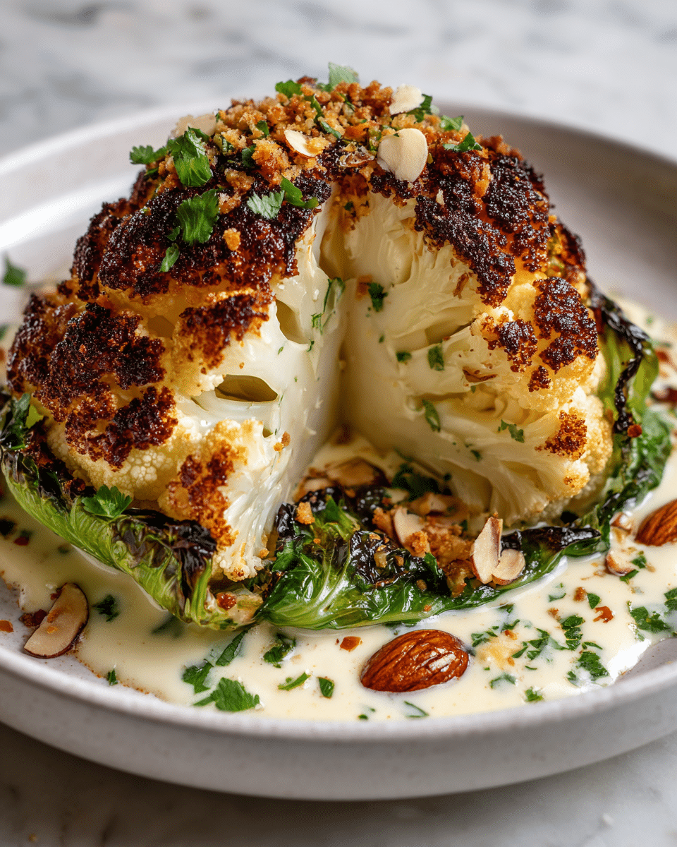 A large piece of roasted cauliflower with a golden brown and slightly charred outer layer stands on a white plate. The cauliflower's inner part is creamy white with some brown roasted spots, wrapped in darkened, crispy greens that curl around it. It is placed on a pool of creamy sauce scattered with crushed almonds and garnished with green herbs. A white marbled texture is visible beneath the plate, creating a clean and fresh background. photo taken with an iphone --ar 4:5 --v 7