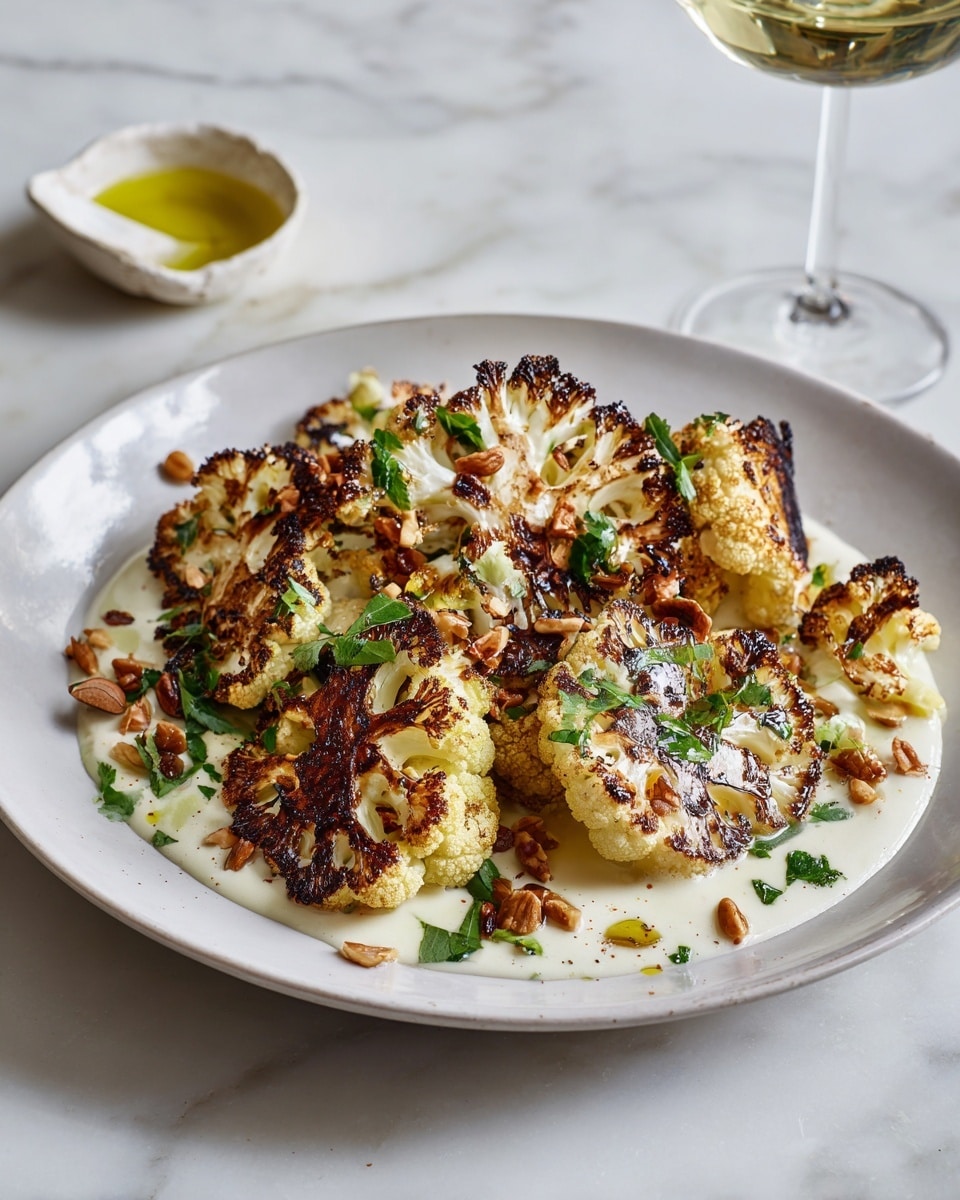 The image shows a white plate on a white marbled surface filled with several pieces of roasted cauliflower. The cauliflower has a nice brown char on its edges, with some pieces showing deeper caramelized spots. There are small pieces of chopped nuts scattered on and around the cauliflower, along with green herbs. The cauliflower sits on a light creamy sauce that covers the base of the plate. In the background, there is a small white dish with olive oil and a glass of white wine, softly blurred. Photo taken with an iphone --ar 4:5 --v 7