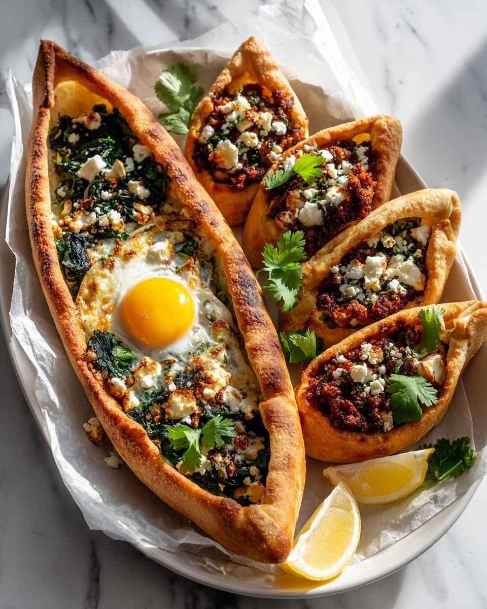 Turkish Pide (Flatbread/Pizza) with Spinach, Sausage, and Lamb Topping Recipe