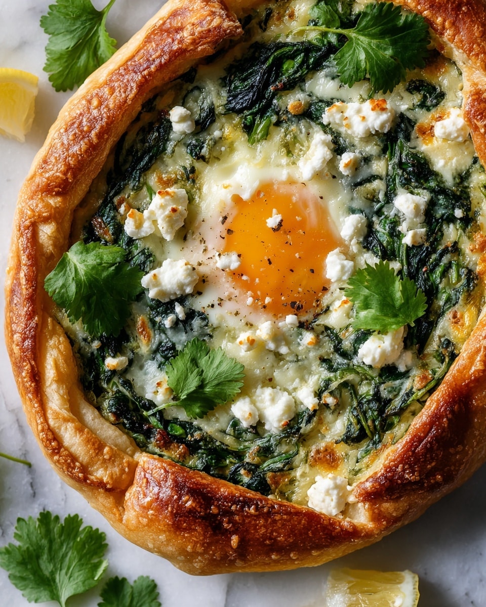 A close-up view of a baked flatbread with golden-brown crust folded around the edges, creating a thick, puffed border. Inside the crust, there is a layer of cooked dark green spinach mixed with melted white cheese and small white cheese crumbles scattered on top. In the center, a bright orange egg yolk is slightly cooked and surrounded by the creamy cheese and spinach mix. Fresh green cilantro leaves are placed around and on the edges of the flatbread, adding a fresh touch. The flatbread is presented on a white marbled surface with a hint of yellow lemon pieces visible at the bottom corners. Photo taken with an iphone --ar 4:5 --v 7