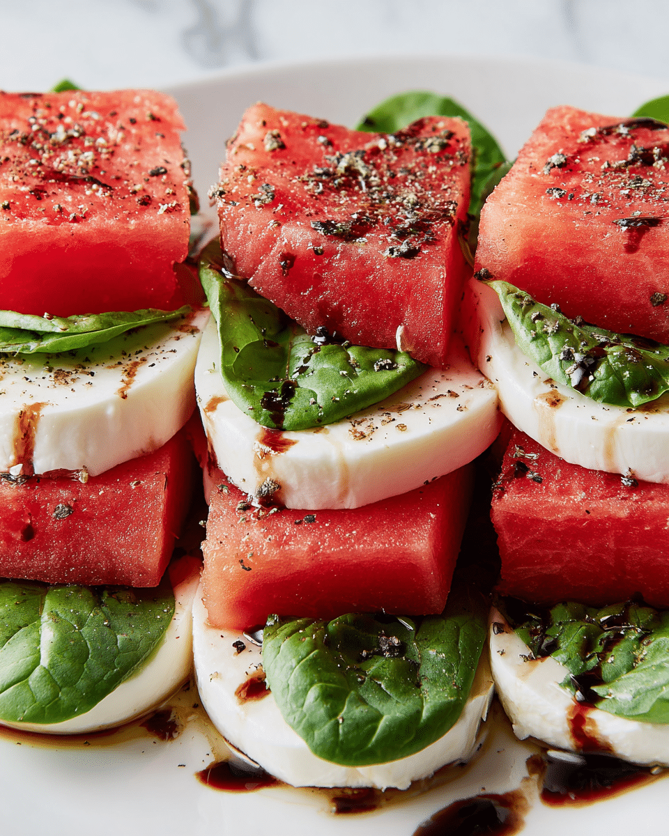 This image shows a close-up of a fresh salad arranged with three layers: the bottom layer is white smooth mozzarella cheese slices, the middle layer is bright red, slightly textured watermelon chunks, and the top layer is fresh, dark green spinach leaves. The salad is drizzled with a dark balsamic glaze and lightly sprinkled with coarse black pepper. The arrangement is tight, with each layer alternating and overlapping on a white plate on a white marbled surface. photo taken with an iphone --ar 4:5 --v 7