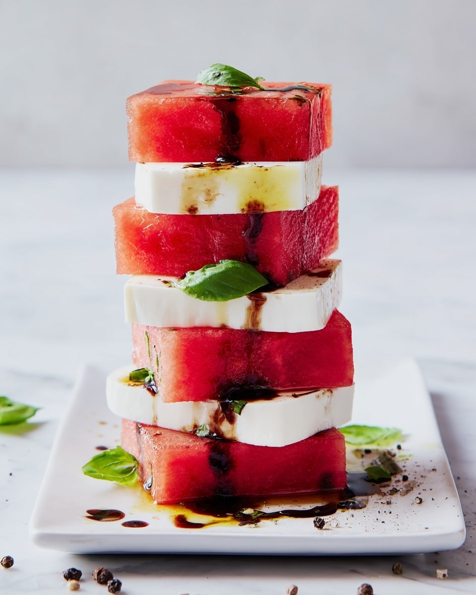 This image shows a tall stack of alternating red watermelon blocks and white cheese slices, with five layers in total, starting with a watermelon block at the bottom and ending with one at the top. Between some layers are small green basil leaves peeking out. A dark balsamic glaze and light olive oil drip over the stacked layers and pool slightly on the white square plate below. The plate is on a surface with a white marbled texture and some black pepper flakes are scattered around. The background is a soft, light color. photo taken with an iphone --ar 4:5 --v 7