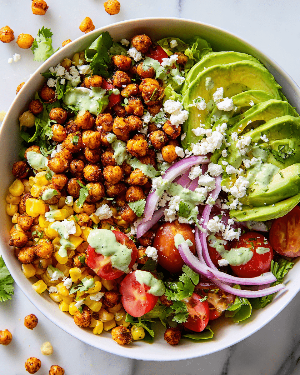 A white bowl holds a colorful salad with several layers: at the base, bright yellow roasted corn and deep red cherry tomatoes add a juicy pop, mixed with slices of bright green avocado arranged neatly on one side. Crispy and golden brown roasted chickpeas are spread across the salad, adding texture. Purple slivers of red onion and fresh green cilantro leaves are scattered throughout, giving freshness and color contrast. On top, crumbled white cheese is sprinkled generously, with small green chopped herbs mixed in. A light green creamy dressing is drizzled over the avocado and chickpeas. The bowl rests on a white marbled surface, with some chickpeas scattered around it. photo taken with an iphone --ar 4:5 --v 7