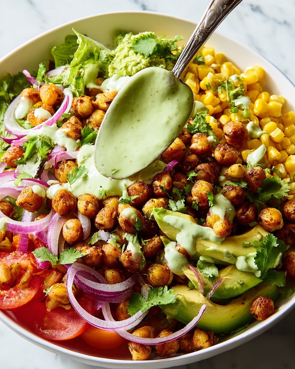 A white bowl filled with a colorful salad displaying multiple layers: at the base are bright yellow corn kernels and fresh chopped tomatoes, topped with seasoned, golden-brown roasted chickpeas that add texture. Scattered around are slices of pale green avocado and thin rings of purple-red onion, giving contrast and freshness. Fresh green cilantro leaves and small chopped green herbs are spread evenly on top. A spoon drizzles creamy pale green sauce over the chickpeas and vegetables. The bowl rests on a white marbled surface. photo taken with an iphone --ar 4:5 --v 7