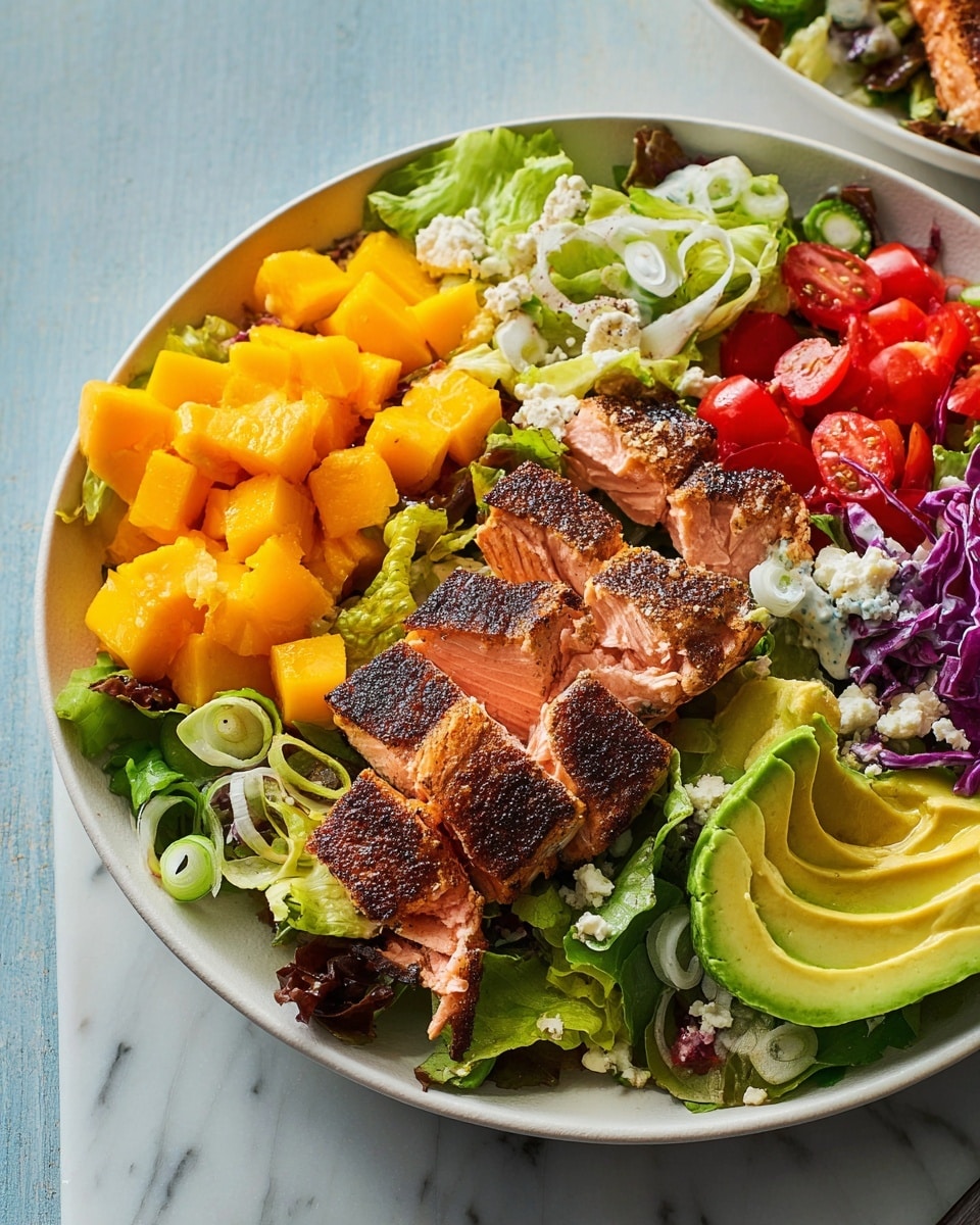 The image shows a close-up of a colorful salad served on a white plate with a white marbled surface underneath. The salad has several layers: on the left side, there are bright orange mango cubes with a juicy texture; mixed green leafy lettuce fills much of the plate, adding a fresh and crisp look, with thin green onion slices scattered throughout. In the center and towards the top right, there are thick slices of grilled salmon with a dark brown, crispy crust and a pink, tender interior. Bright red cherry tomato pieces add a pop of color near the salmon. At the bottom right, thin slices of creamy green avocado fan out. The whole salad is lightly drizzled with a creamy, pale dressing, and small white crumbles of cheese are scattered across the dish. Photo taken with an iphone --ar 4:5 --v 7
